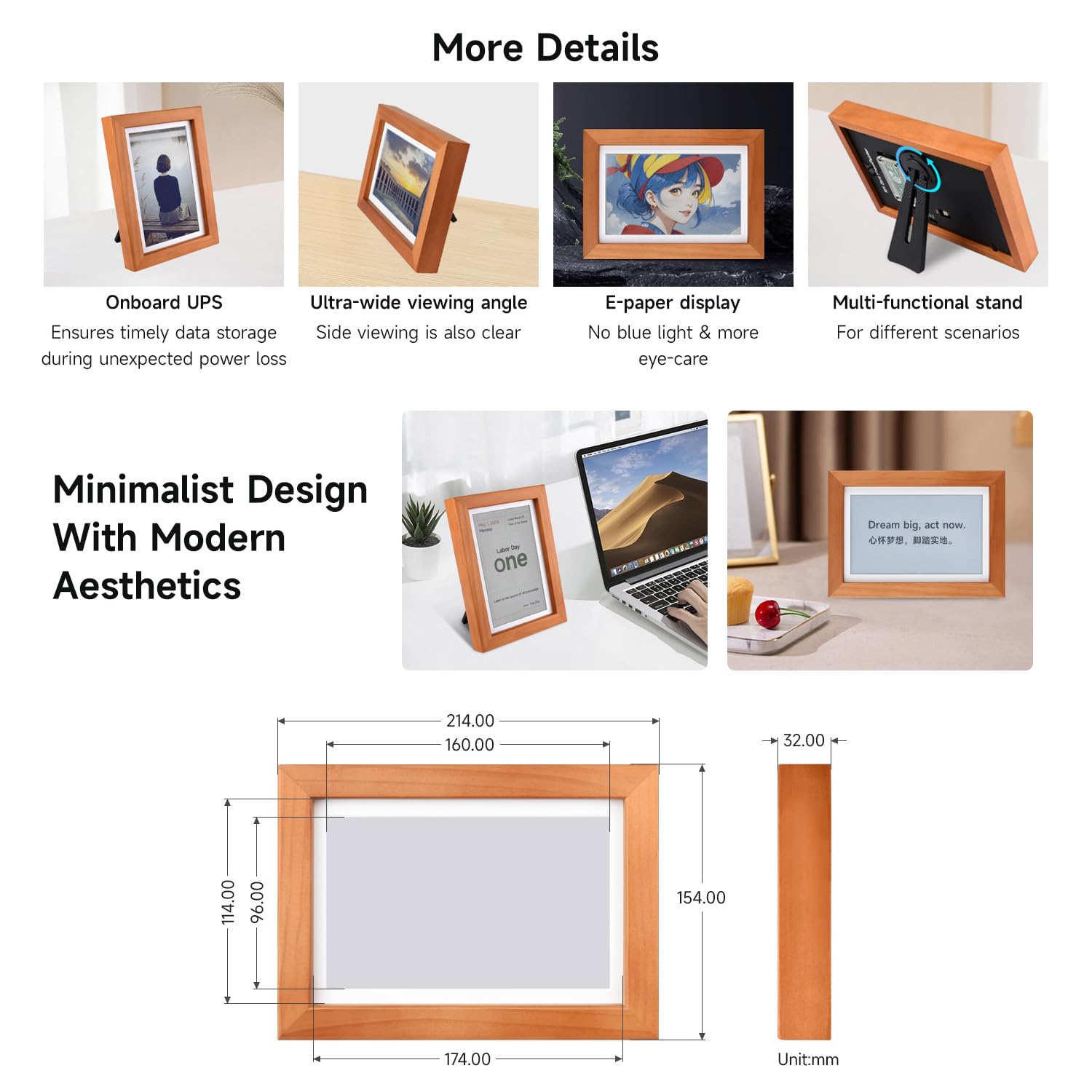 Waveshare 7.3inch E6 Full Color E-Paper with Solid Wood Photo Frame for Raspberry Pi Zero, Ultra-Long Standby, 800 × 480 Resolution, Bundle with Pi Zero 2 WHC, No Batt
