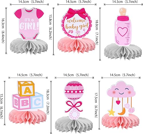 Miniatura 2 de 6 piezas de decoración de baby shower, centros de mesa de panal de abeja, Oh Baby Welcome Baby Girl - Centro de mesa de panal para revelación de