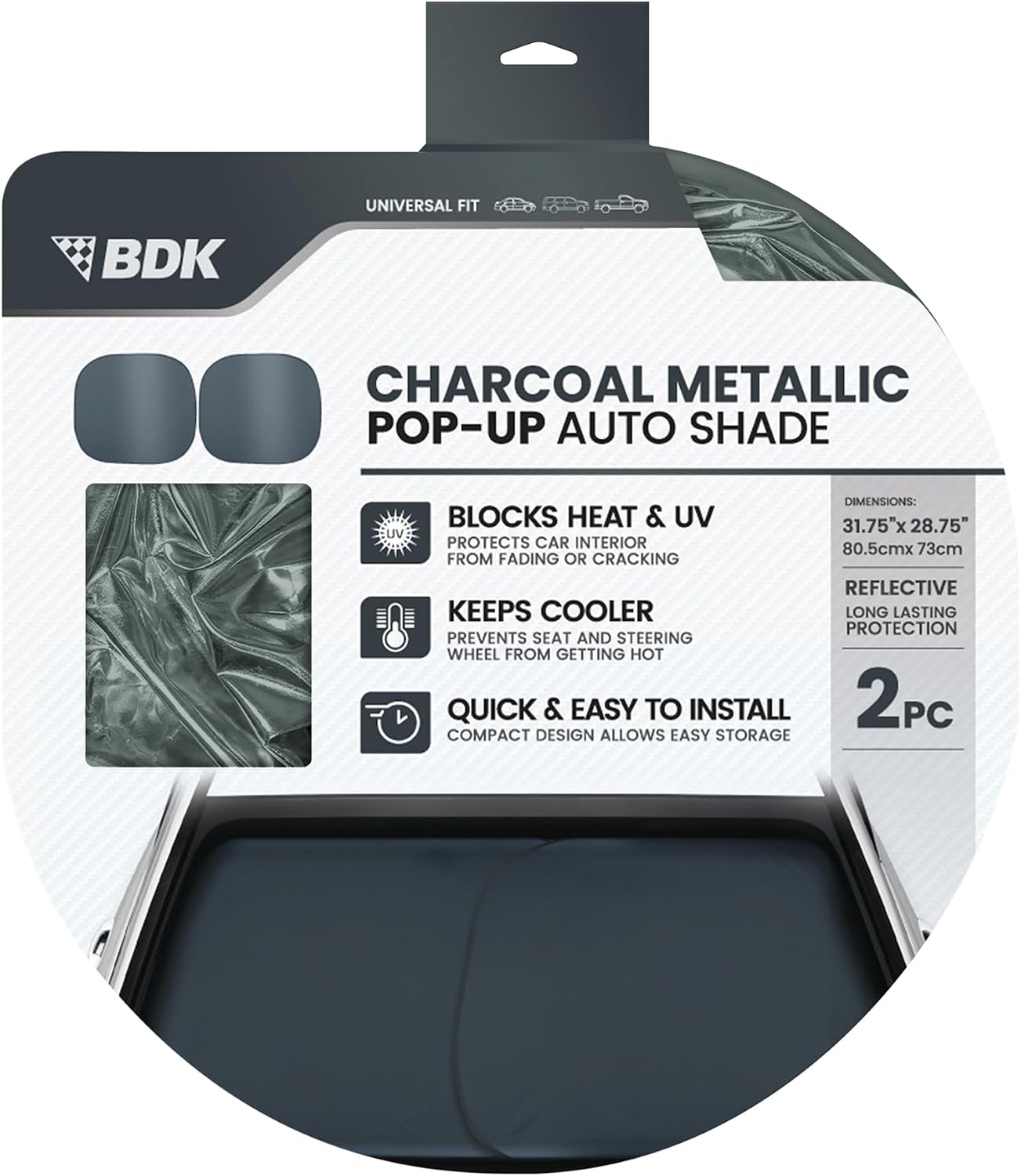 BDK 2PC Metallic Charcoal Gray Car Window Sun Shade Auto Shade for Windshield Visor, Block UV Reflect Heat to Keep Your Car SUV Truck, 31.75" x 28.75"