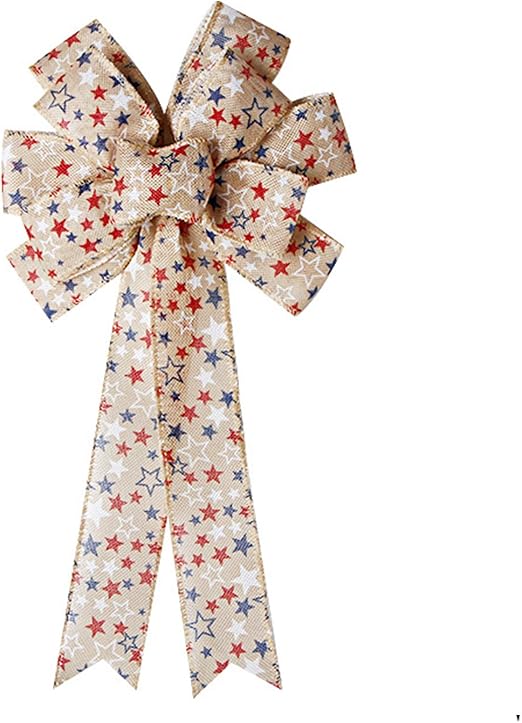 Patriotic Bow, Red White Blue Stars Burlap Bow Wreath Decor for 4th of July, Memorial Day, Veteran's Day, Thanksgiving, Christmas, New Year Indoor Outdoor Decorations