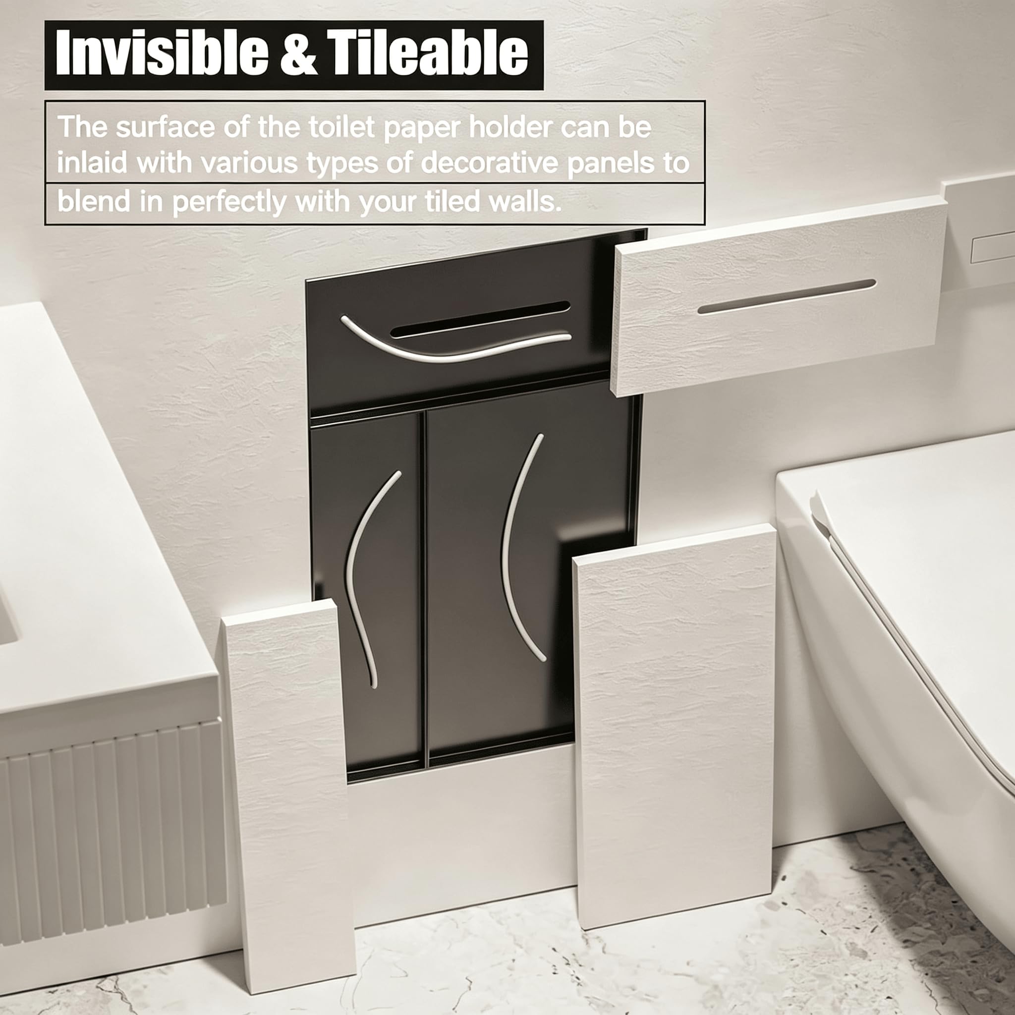 Porta Carta igienica da Incasso 3 in 1, con pattumiera e Porta scopino | Acciaio inossidabile 304, parte anteriore piastrellabile, design pop-up senza maniglie Design salvaspazio Bellezza per bagno