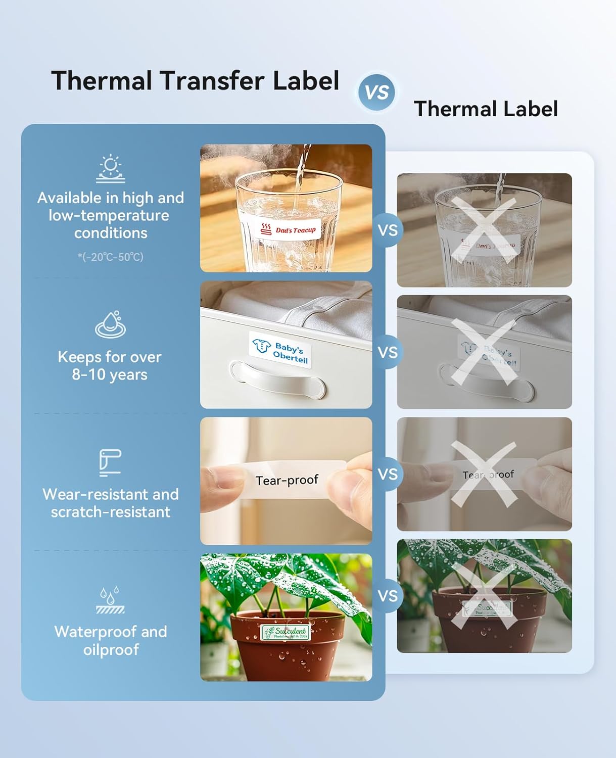 Comparison between thermal transfer labels and thermal labels, highlighting durability features.