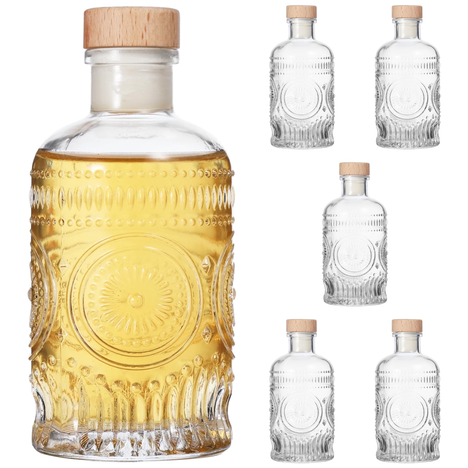 6 bottiglie di vetro con disegni floreali, bottiglie trasparenti da 200 ml con tappo in sughero, contenitori ermetici in vetro T-Top
