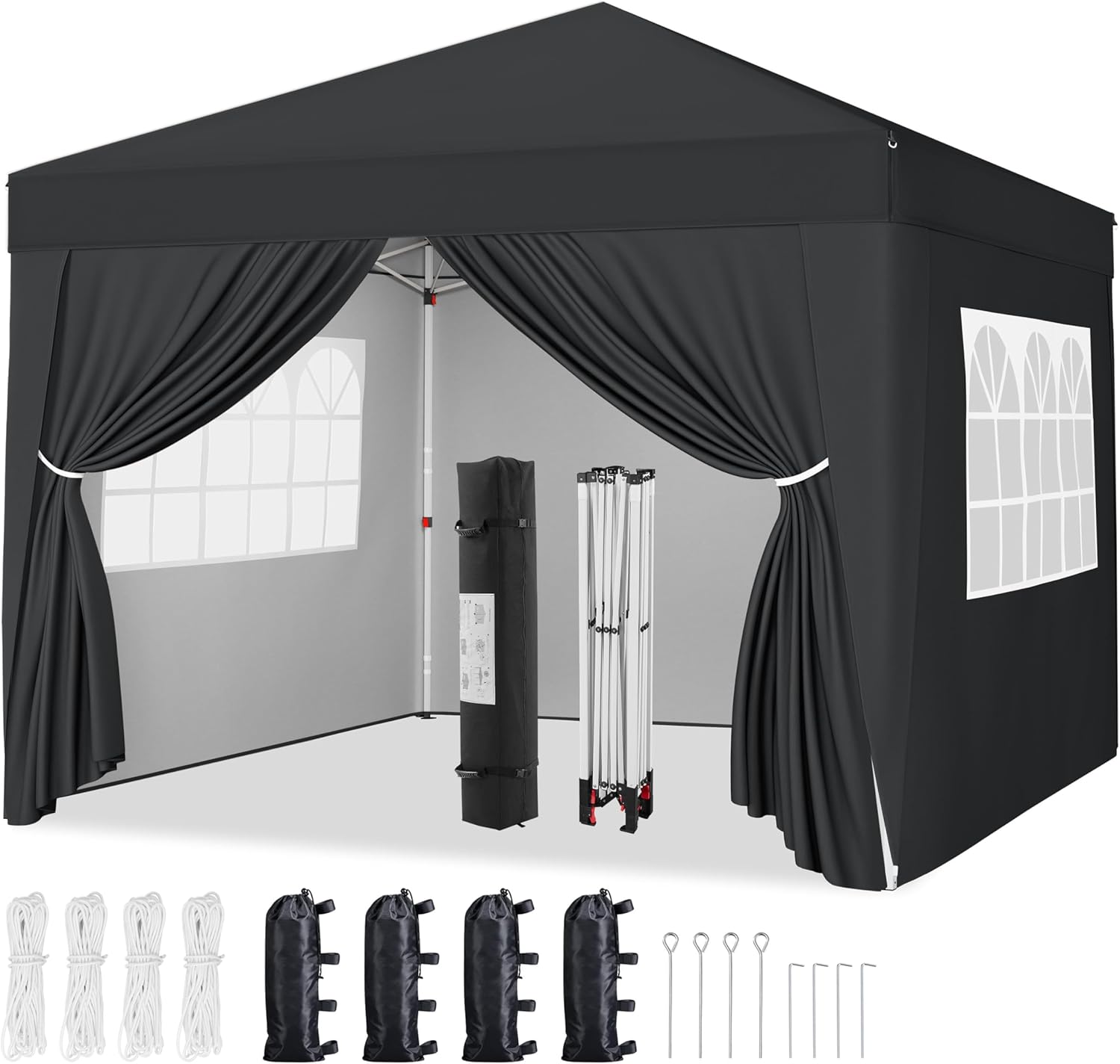 Yaheetech 8x8 Pop Up Canopy with 4 Removable Sidewalls, Portable Enclosed Instant Tent, Waterproof Outdoor Tent, Beach Sun Shelter with 4 Sandbags, 8 Stakes & 4 Ropes, Black