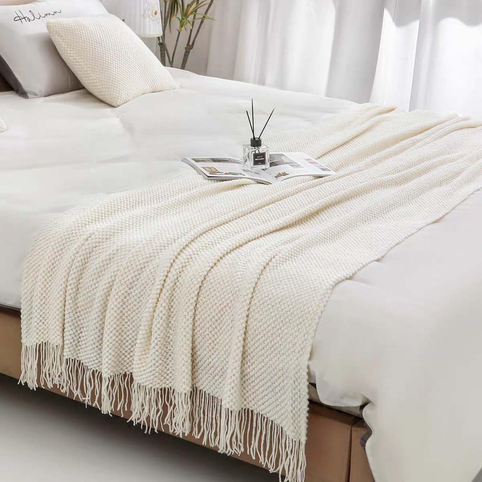 Jnkiquii Bed Runner Scarf Set Acrylic Corn Kernel Knit Tassel Foot Throw With 40 * 40cm Cushion Covers and Inserts Solid Decor for Twin Queen King Bedroom Hotel Homestay