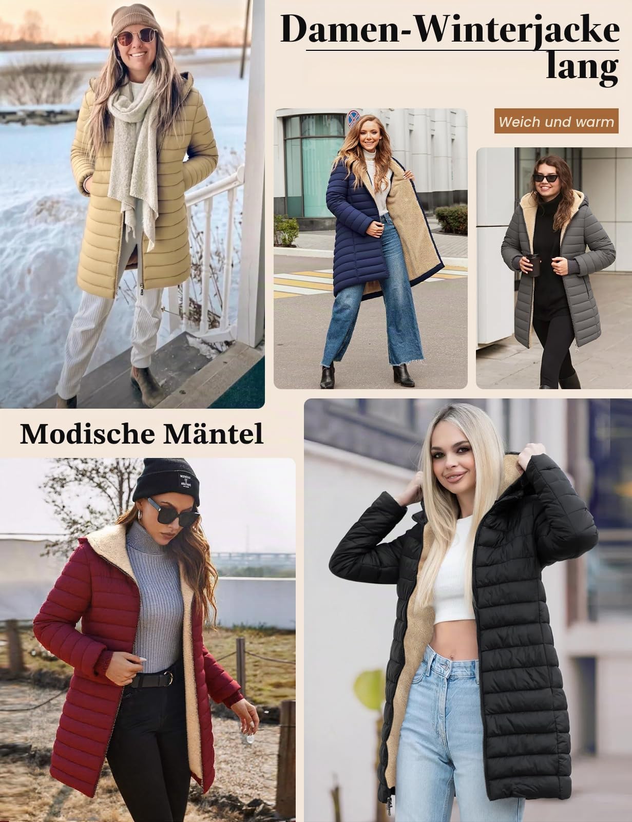 Tuopuda Wintermäntel Damen Lang Fleece Gefüttert Steppmantel Warmer Leicht Winter Winterjacke Steppjacke Slim Fit Jacke Mantel Übergangsjacke Oberbekleidung mit Kapuze