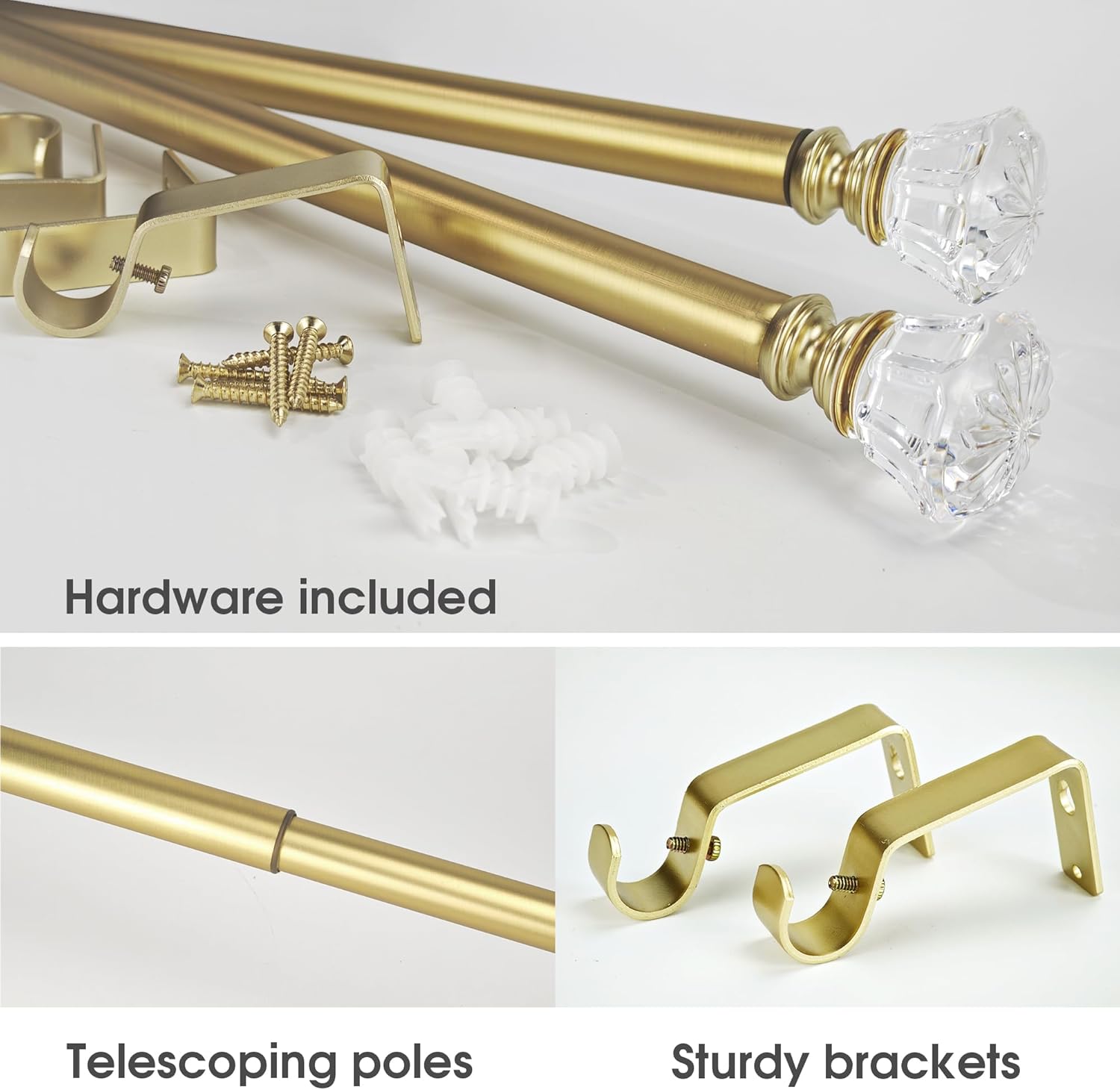 Gold Curtain Rod Set with Crystal-clear Diamond Pattern Finials, 36-72 inch, Standard Single Drapery Rod for 1 Pack, 7/8 inch diameter, Adjustable Length