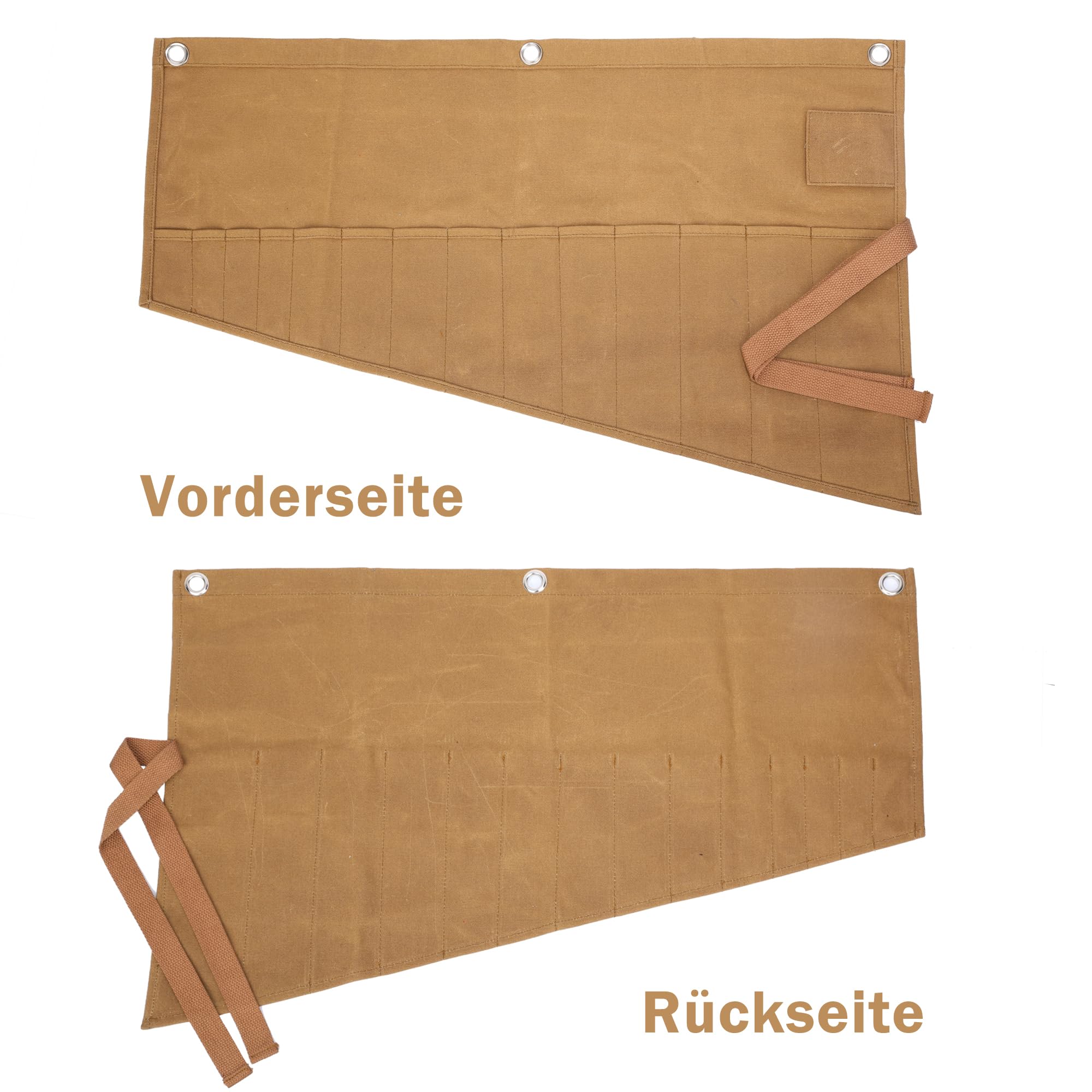 Wrench Roll, 16OZ Waxed canvas Rolling Up Tool Bag - 14 pockets - Metric & SAE Wrench Set Storage Roll, Khaki - Image 4