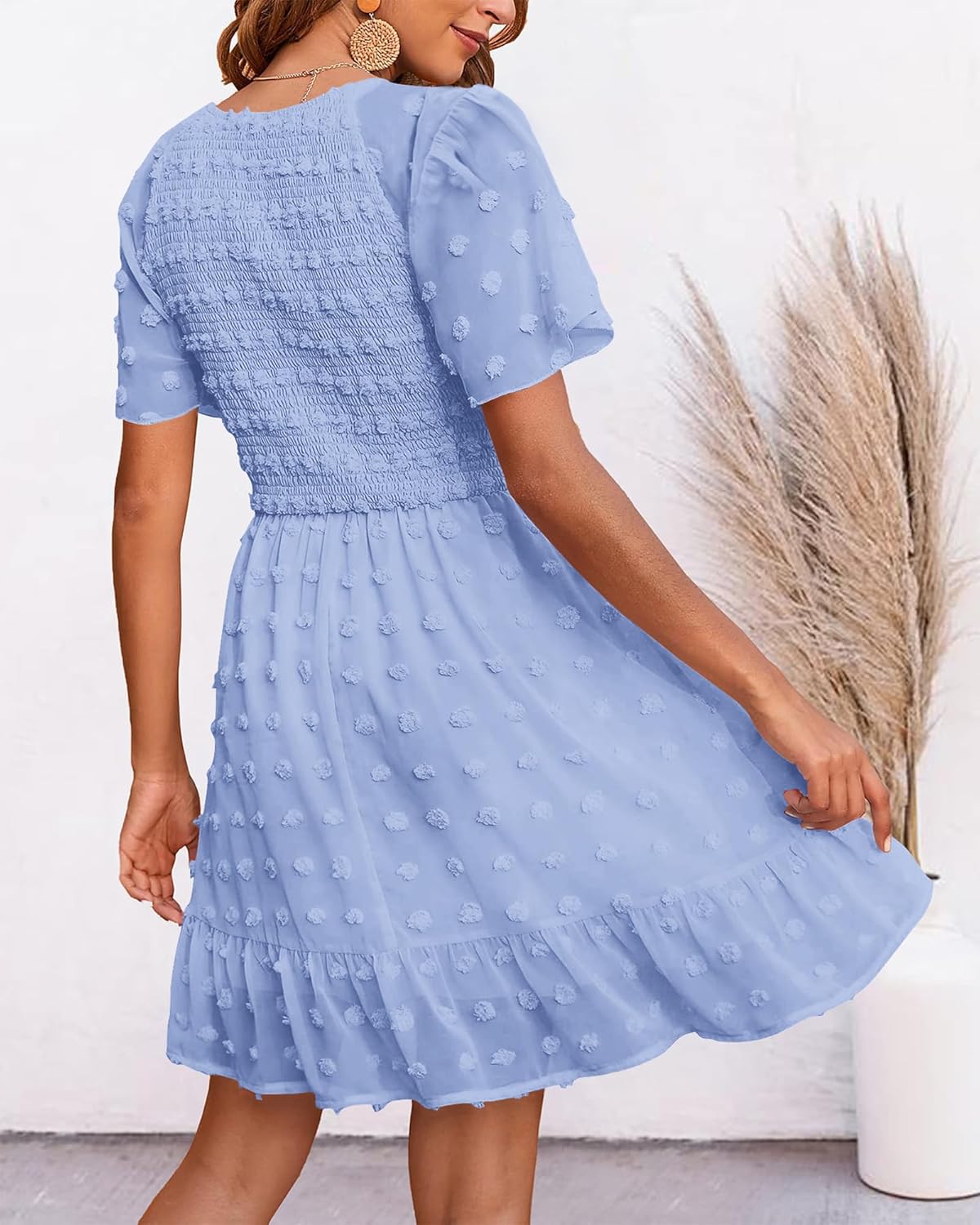 BTFBM Womens Beach Vacation Dress Summer 2026 V Neck Short Sleeve Smocked Swiss Dot Ruffle Casual Spring Mini Dresses - Image 4