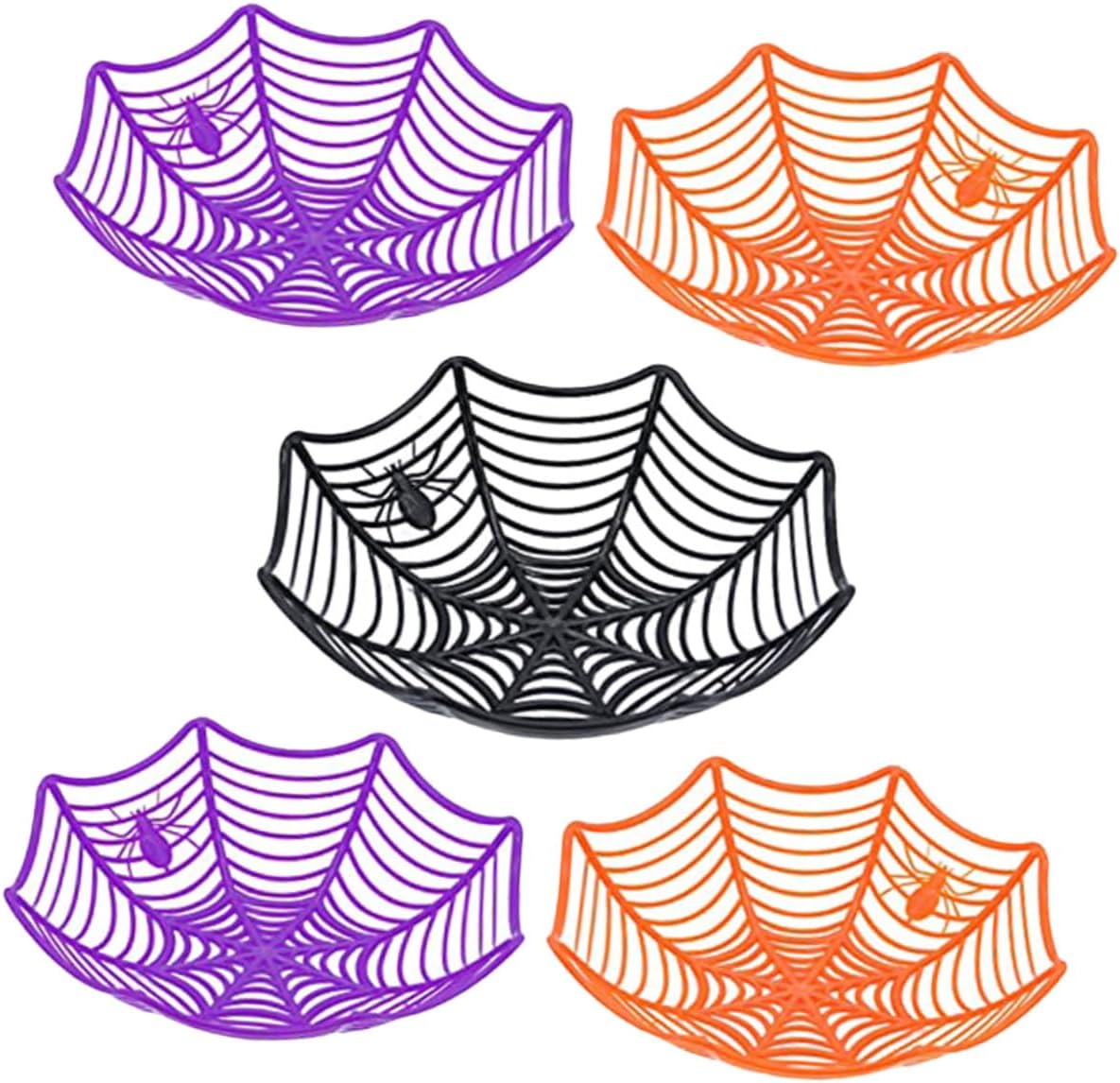 Yardwe Halloween Cobweb Candy Basket Set, 5pcs Plastic Fruit and Cookie Bowls in Black, Orange, and Purple, Halloween Party Candy Server for Festival Gathering Decor