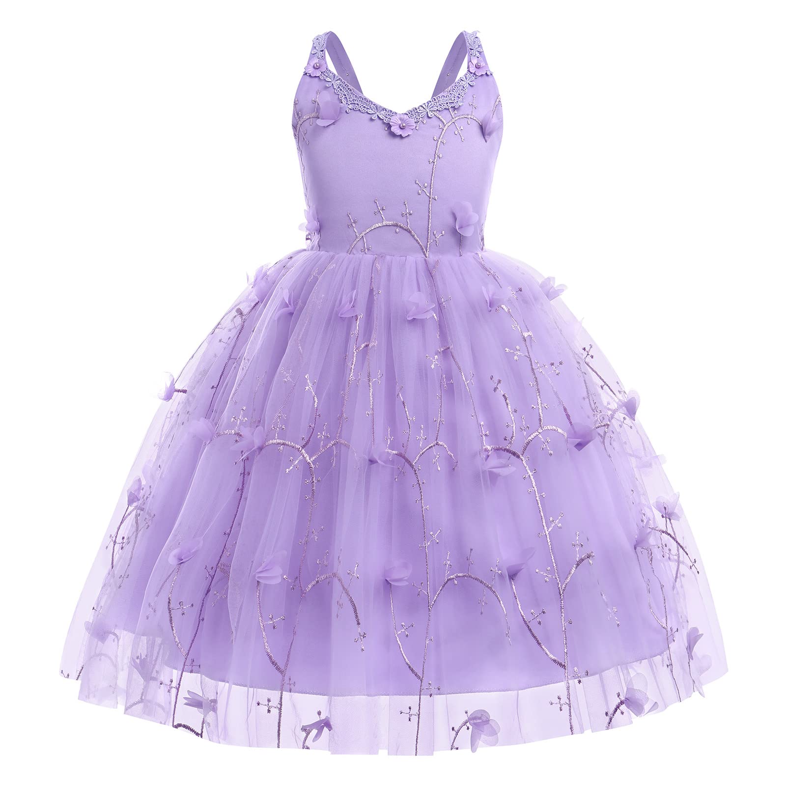 Flower Girl Butterfly Dress for Kids Baby Princess Birthday Wedding Bridesmaid Pageant Formal Party Maxi Dress Toddler Summer Communion Photoshoot Backless Lace Bow Tulle Dresses Purple 2-3 Years