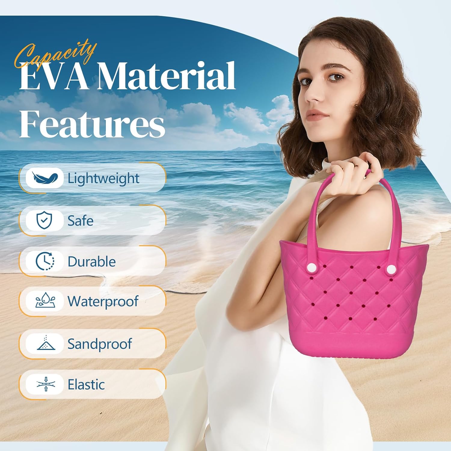 Small Rubber Tote Bag with 5 Charms Cute Beach Tote Small EVA Lightweight Bag for Beach,Travel,Groceries - Image 3