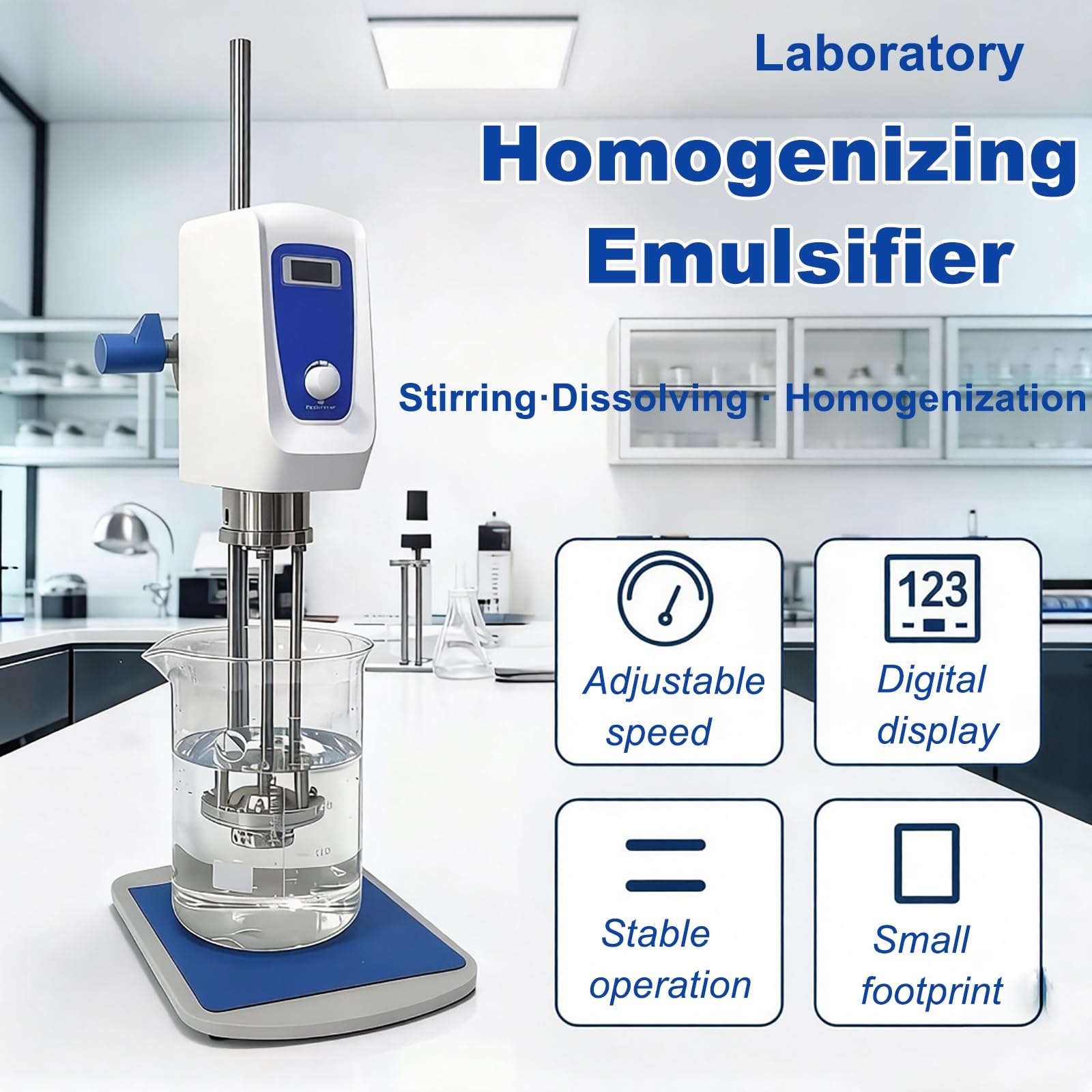 Homogeneizador de tejidos de laboratorio Mezclador de alto cizallamiento, Dispersor de emulsionante multiusos, Máquina homogeneizadora ajustable de alta velocidad(Blue)