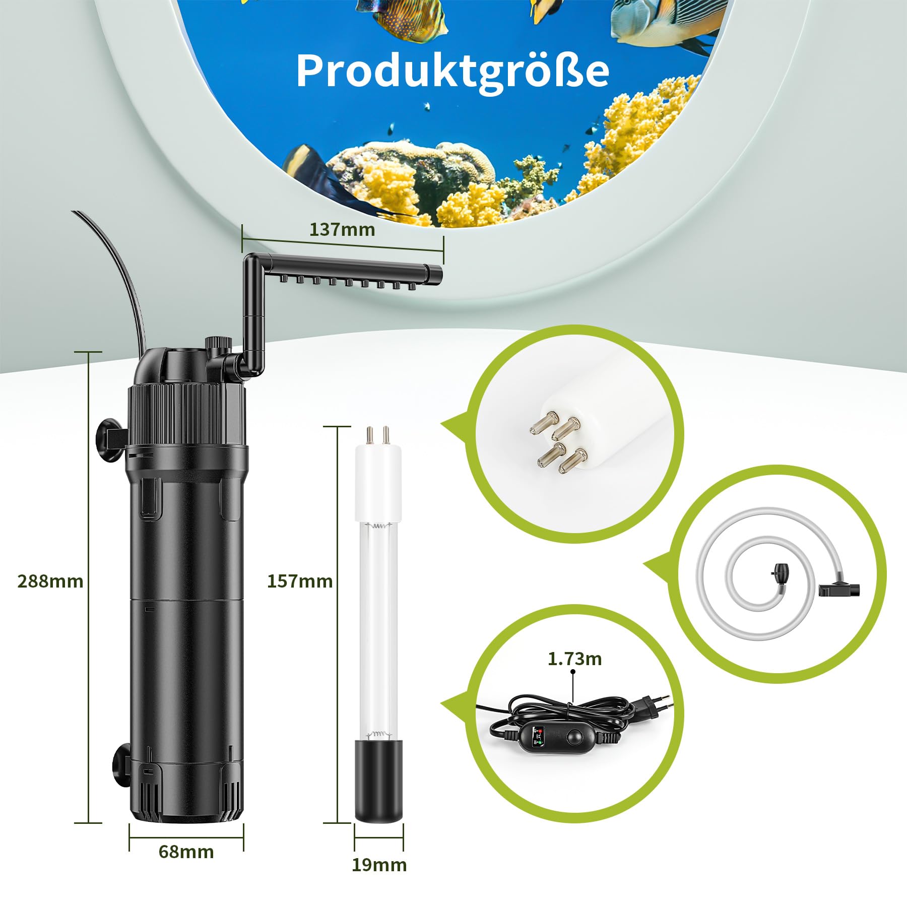 Forever Speed 5-in-1 Filtro Interno per acquari con UV 8 Watt, Pompa Filtro per acquari con Portata Regolabile 650L/h per acquari da 100-300L