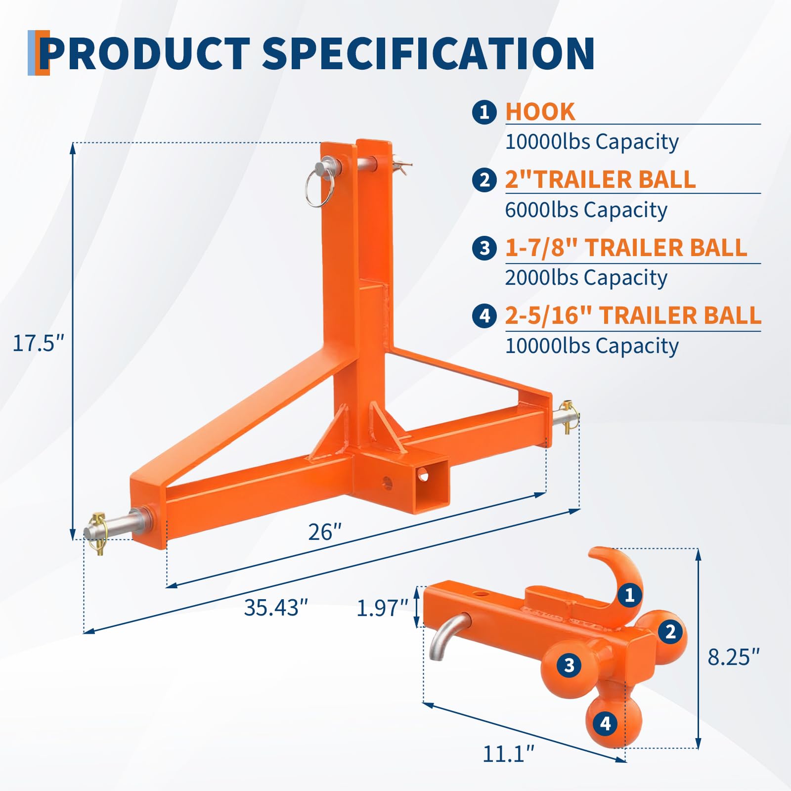 Attelage 3 Points Robuste pour Tracteur – Capacité 4,5T – Acier Carbone – Récepteur 2" et Crochet Boule 4 Directions – Outil Manuel de Jardinage – Compatible Catégorie 1 – Orange, Triangle