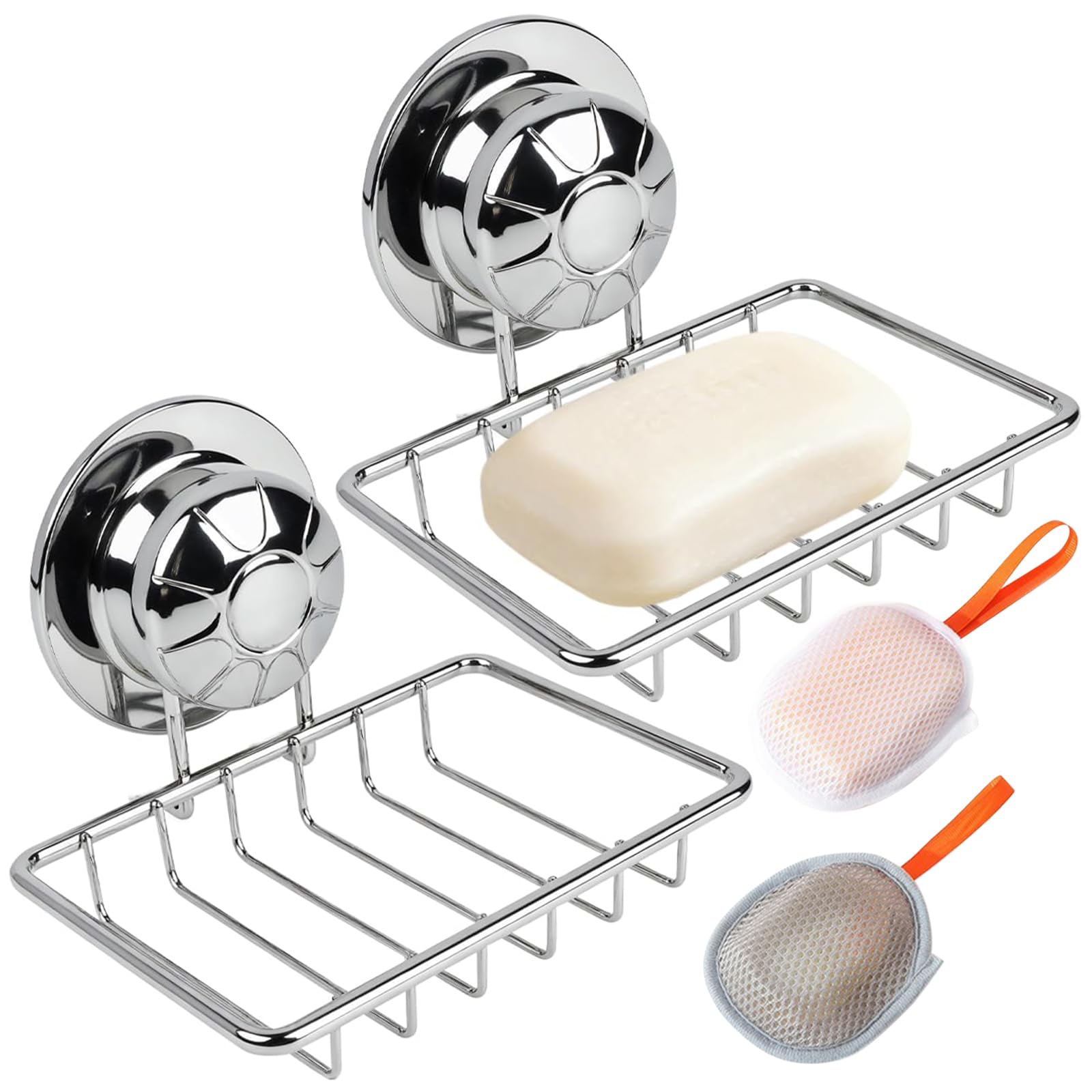 2 Pcs Suction Soap Holder - Stainless Steel Soap Dish for Shower with Bubble Soaps Mesh Bag, Wall Mount Sponge Holder for Bathroom, Kitchen, Sink, No-Drilling and Rustproof, Easy Cleaning(Silver)