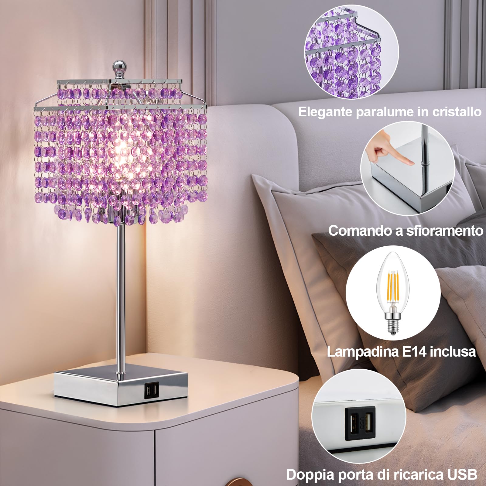 GyroVu Lampada da Tavolo in Cristallo, Lampada Touch con Porte USB C+A, Lampada Dimmerabile per Comodino, Camera da Letto, Soggiorno, Lampadina Inclusa