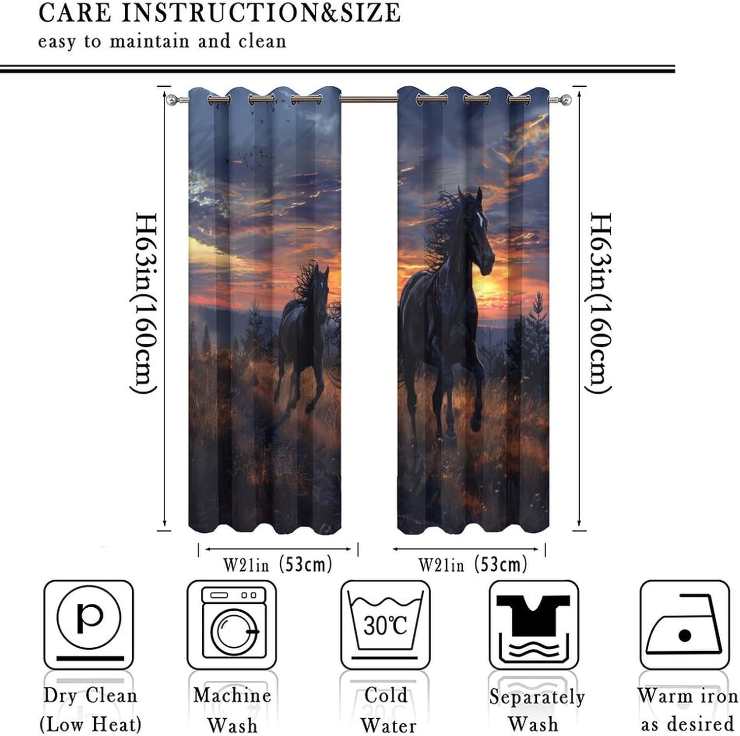 Horse Forest Blackout Curtains for Bedroom Living Room, Rustic Grassland Animal Sunset Thermal Insulated Curtains Window Drapes with Grommet, 21W x 63L, 2 Panels
