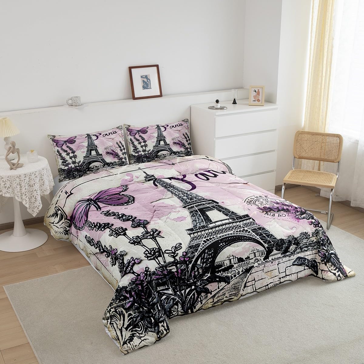 Purple Paris Eiffel Tower Comforter Set Twin Size,Butterfly Lavender Bedding Set for Kids Boys Girls Room Decor,Floral Modern Luxury Quilt Set,Romantic French Style Duvet Insert 2Pcs,1 Pillowcase
