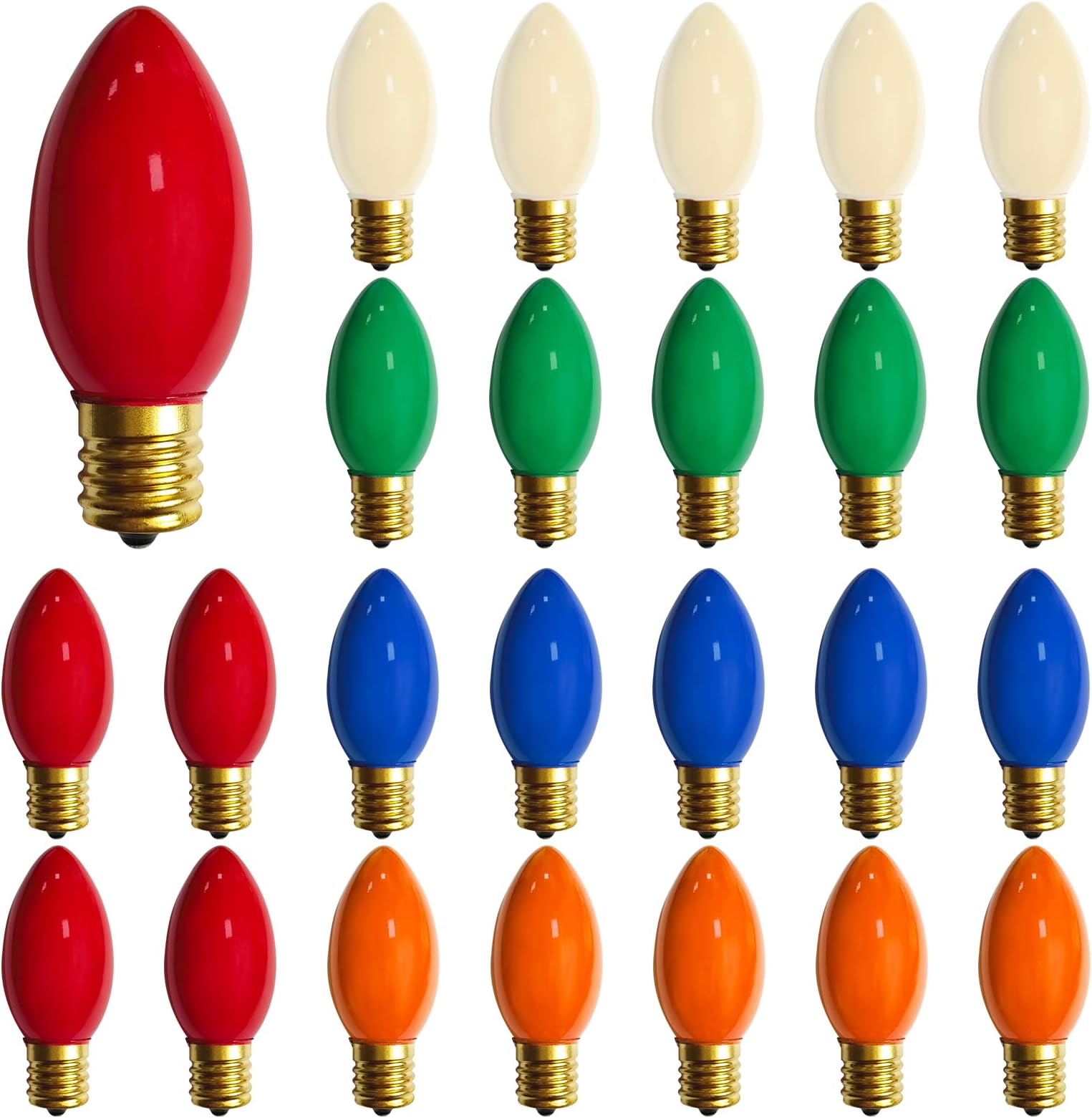 25 Pack C9 Multicolor Christmas Light Bulbs, C9 Incandescent Replacement Bulbs for Christmas String Light, Candle Lamps, E17 Intermediate Base, 7Watt
