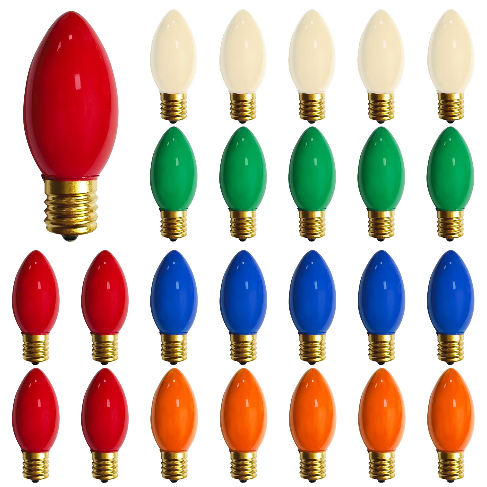25 Pack C9 Multicolor Christmas Light Bulbs, C9 Incandescent Replacement Bulbs for Christmas String Light, Candle Lamps, E17 Intermediate Base, 7Watt