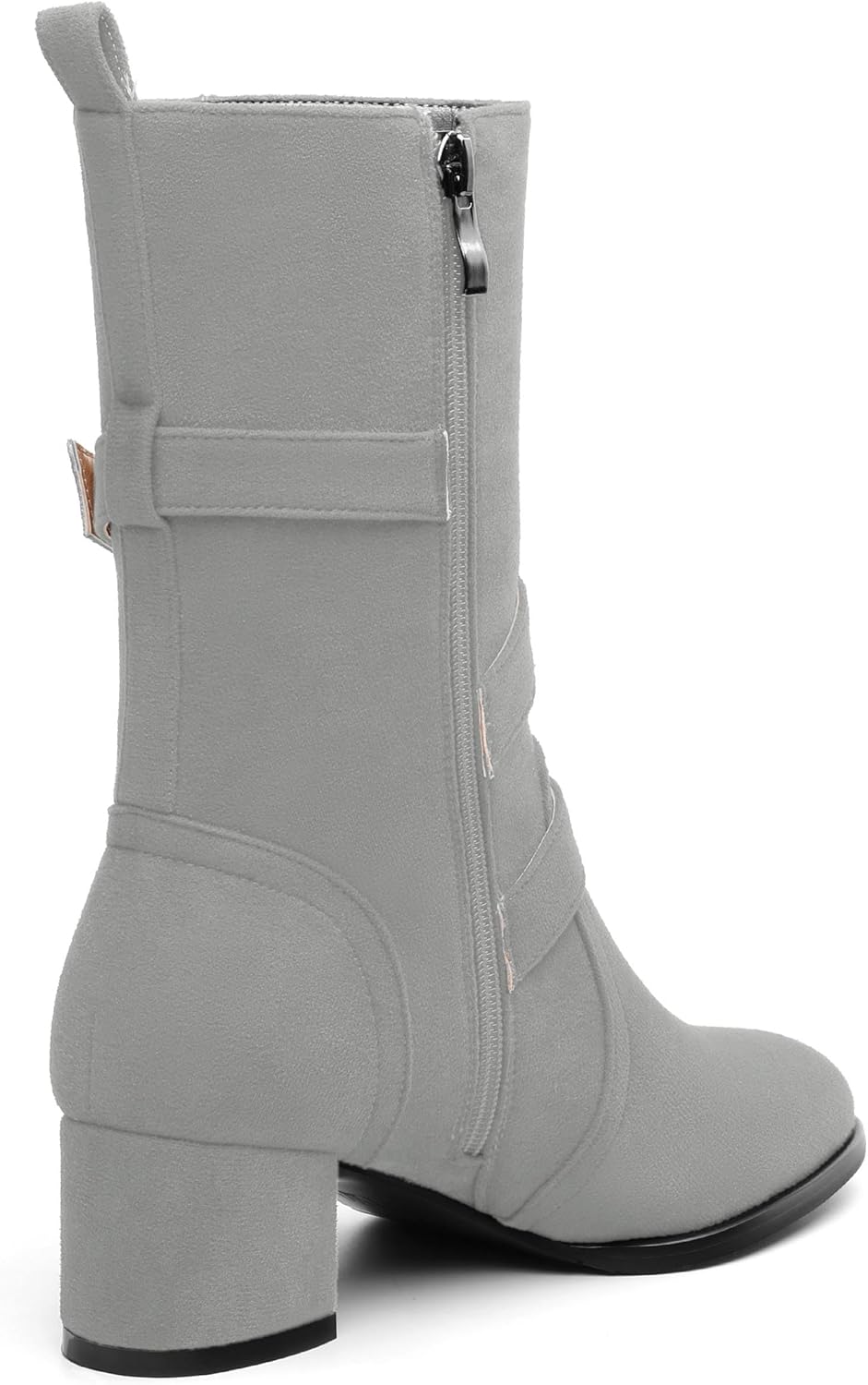 Women's Mid-calf Boots, Round Toe Chunky Heel Mid Calf Booties, Side Zipper Fashion Buckle Calf High Boots