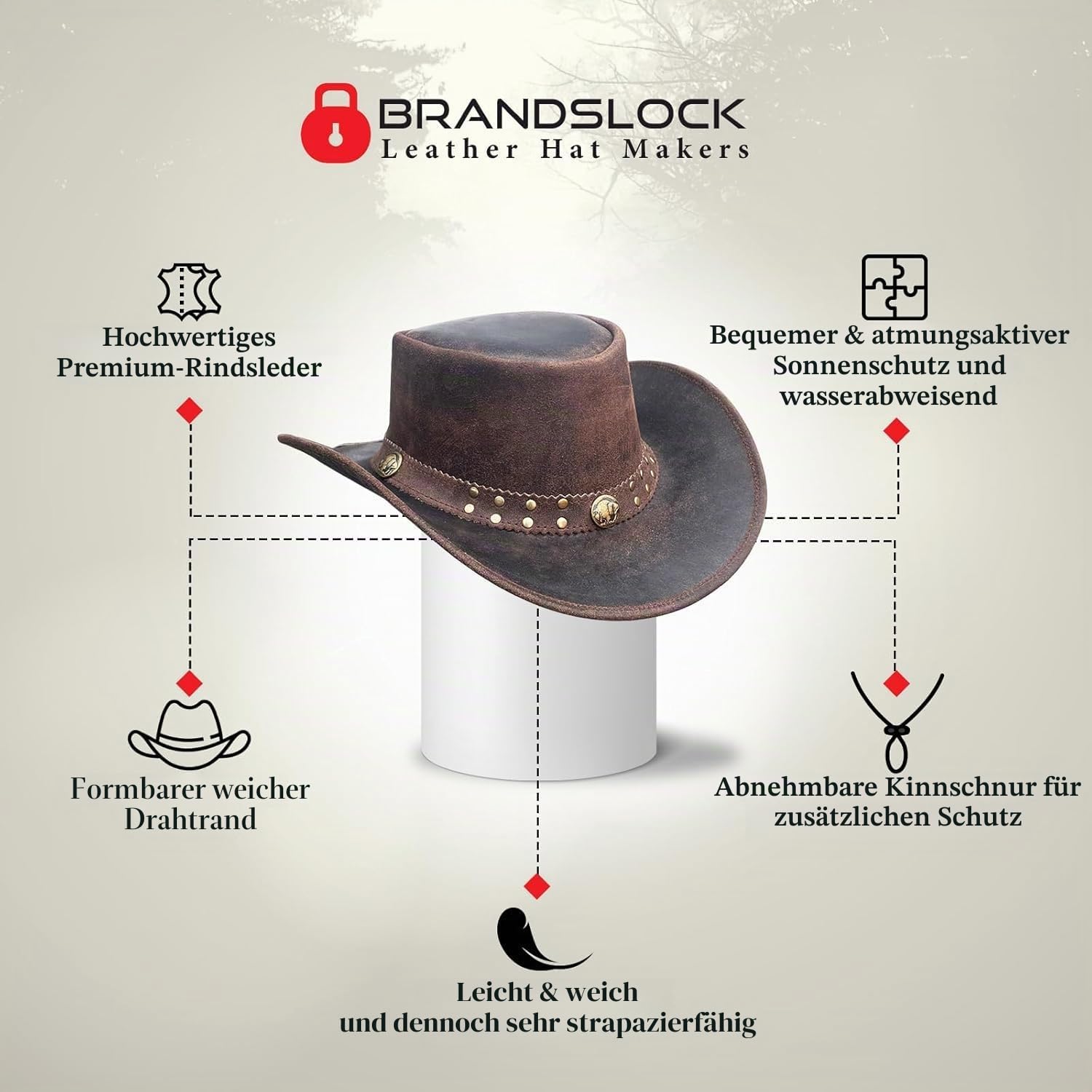 BRANDSLOCK Cowboyhut aus Leder für Herren, handgefertigt, formbar, breite Krempe, langlebig, Cowgirl-Outback-Hut