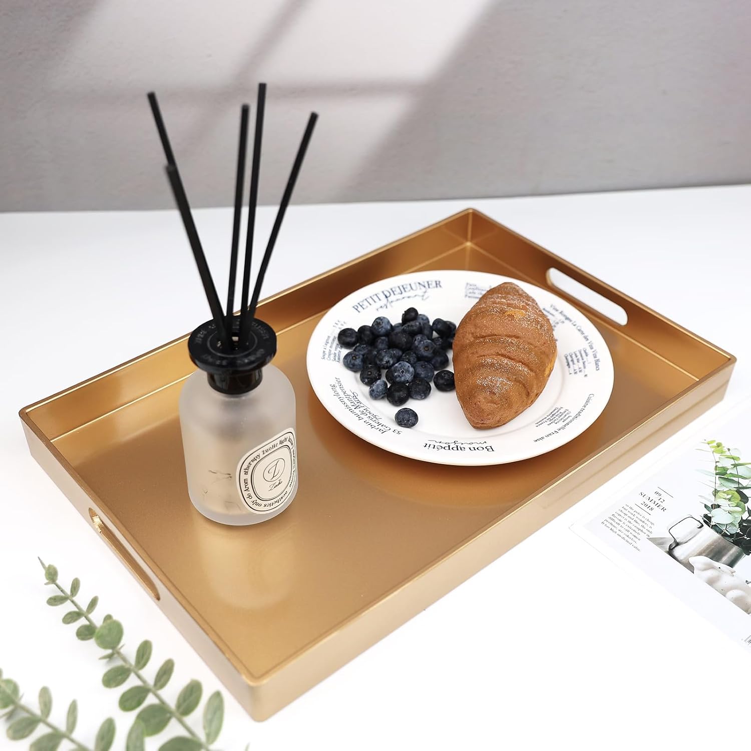 Spsyrine Gold Decorative Serving Tray with Handles, Elegant Plastic Coffee Table Tray for Ottoman, Living Room, Home Decor 15.6" X 10.2" - Image 7