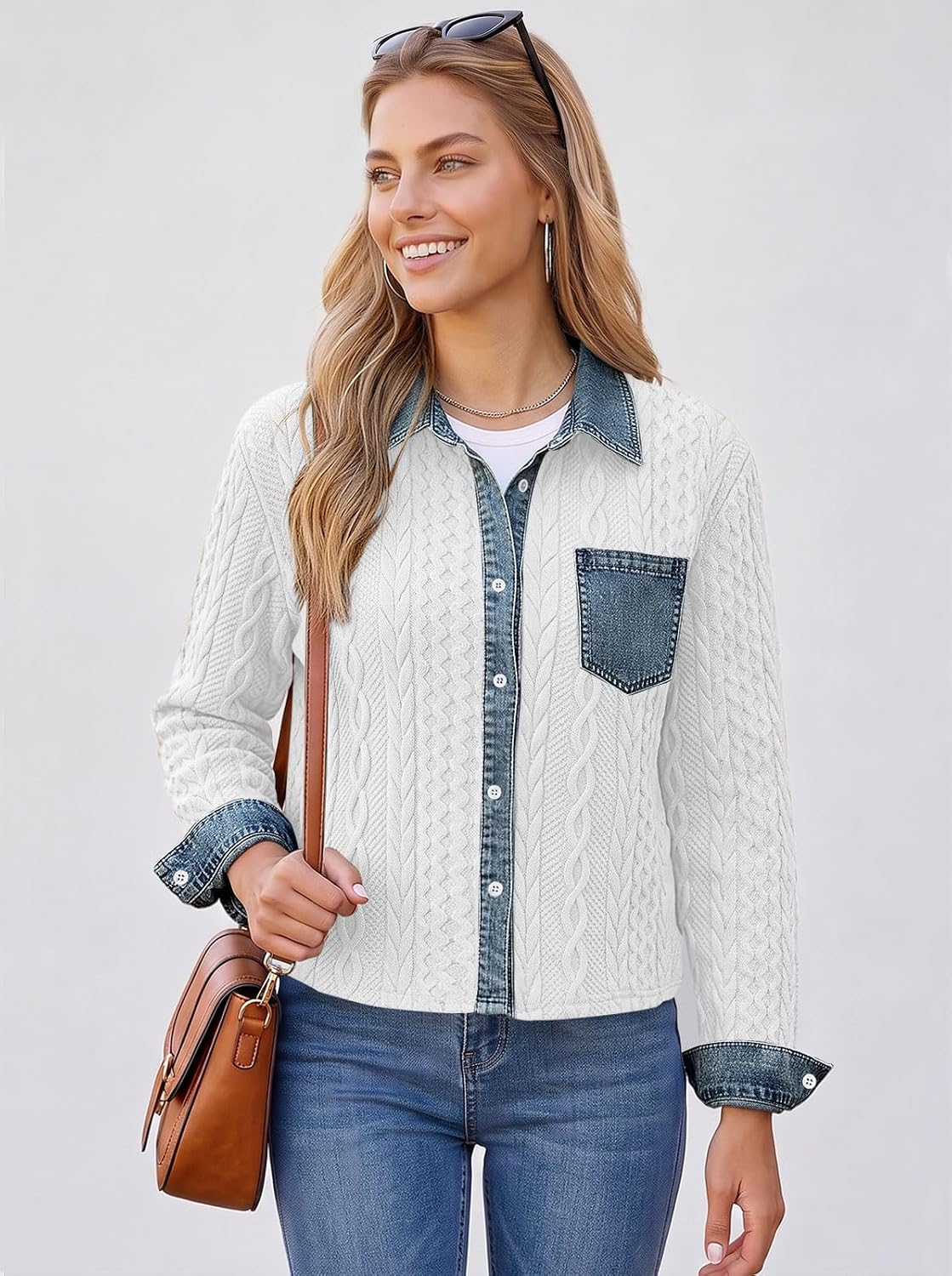 Cropped Jean Denim Collared Bomber Jacket Sweatshirt Cable Knit Shacket
