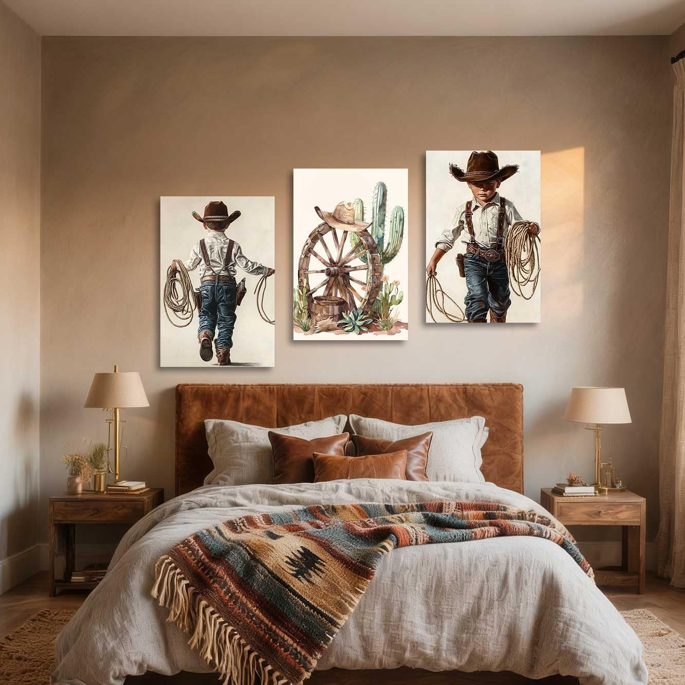 YMXDYMJSW Western Cowboy Wall Art Nursery Wall Decor Set of 3 Cactus Desert Poster Cowboy Kid Picture Vintage Southwest Paintings for Baby Boys Bedroom Decor (White, (11" x 14" x 3PCS))