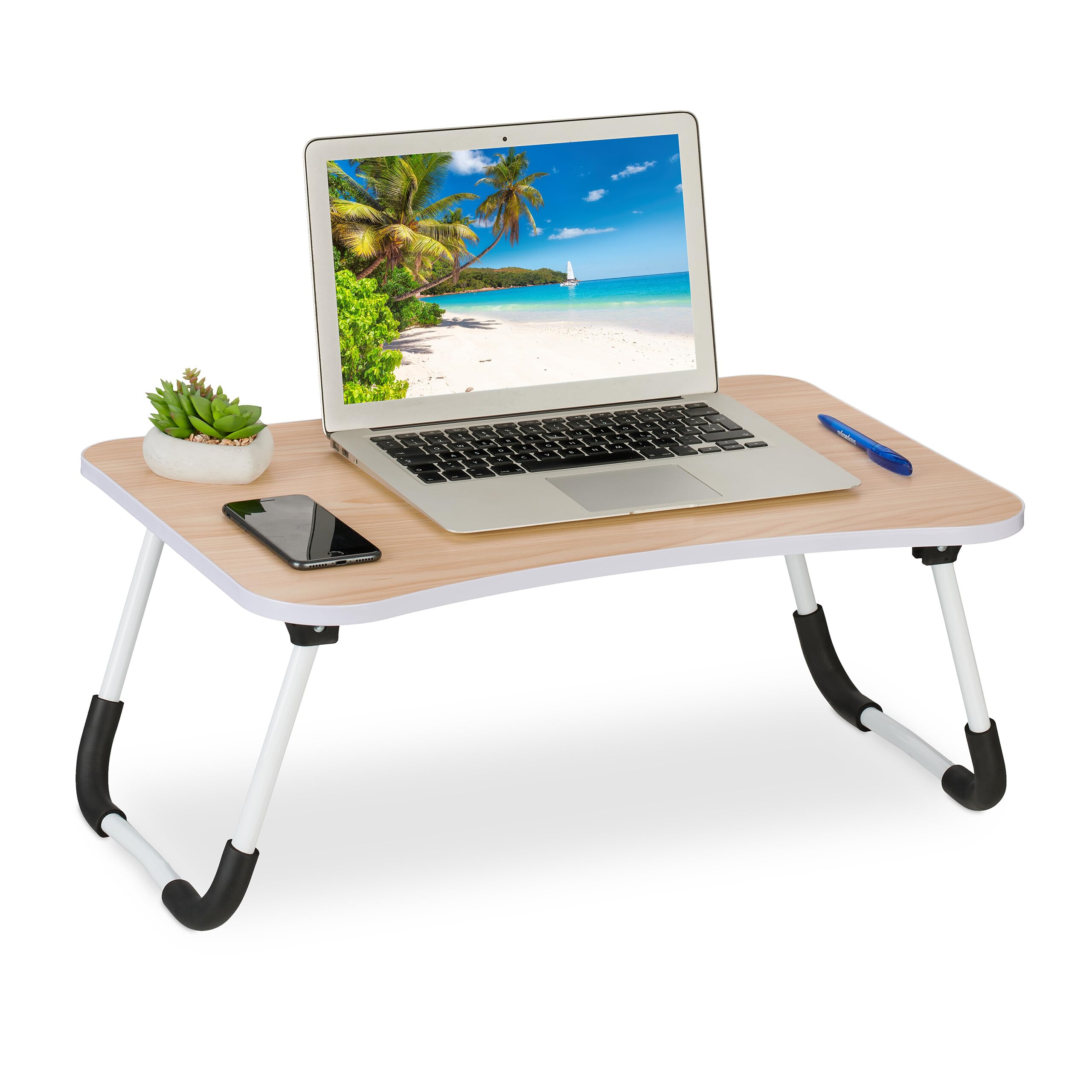 Relaxdays Tavolino per Laptop, Pieghevole, Letto e Divano 26x63x40 cm, Tavolinetto Notebook, MDF e Ferro, Marrone Chiaro