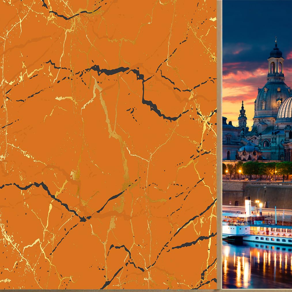 Coalho Abstract Modern Art Orange Marble Privacy Blackout Window Film Rustic Luxury Orange Golden Marble Reusable Self Adhesive Insulated Window Stickers-45W X60l Cm X1pcs