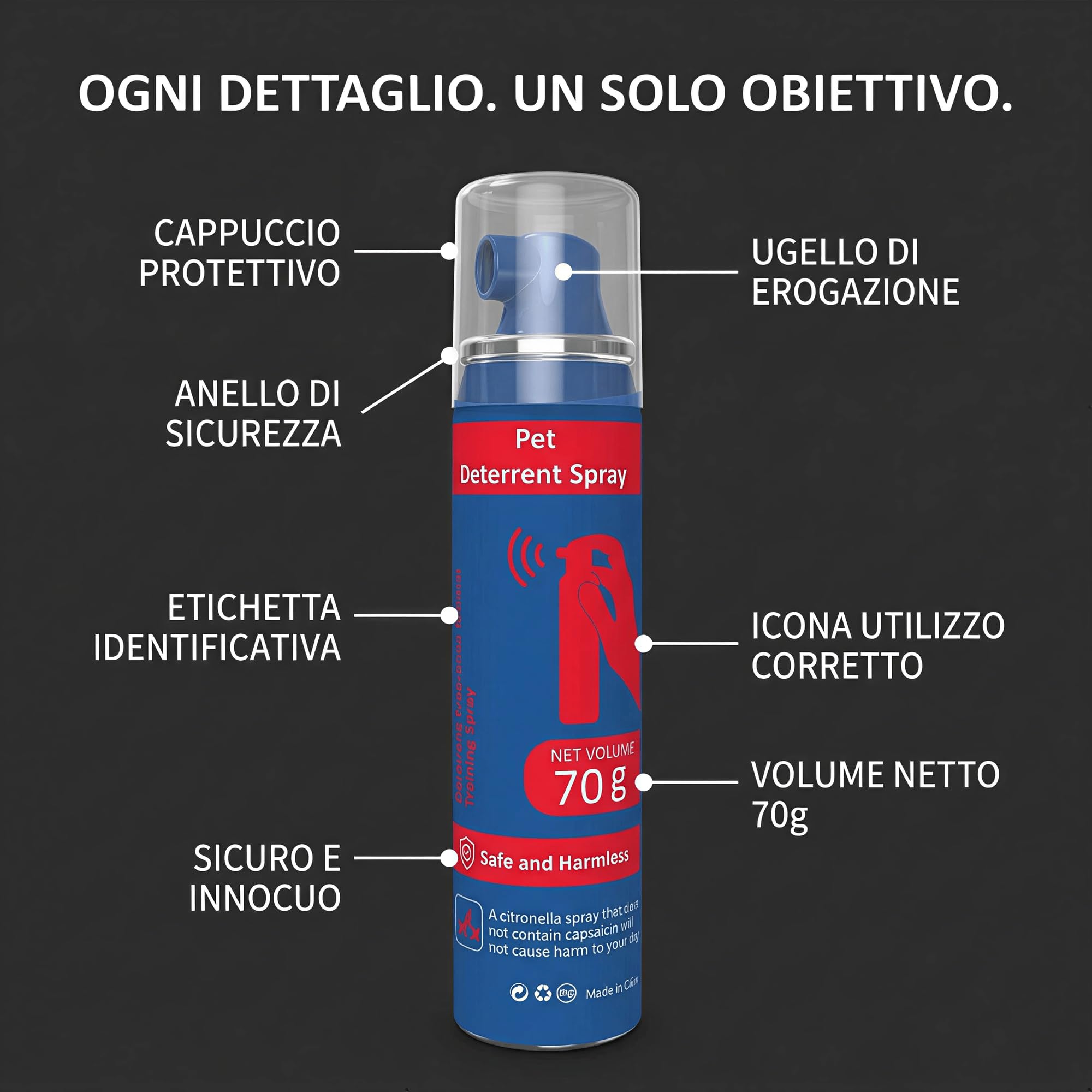 Spray Correttivo per Cani ad Aria Compressa con Citronella - Deterrente Sonoro Sicuro e Umano per Addestramento - Aiuta a Ridurre Abbaio, Salti e Comportamenti Indesiderati - Fino a 70 Spruzzi (70 g)