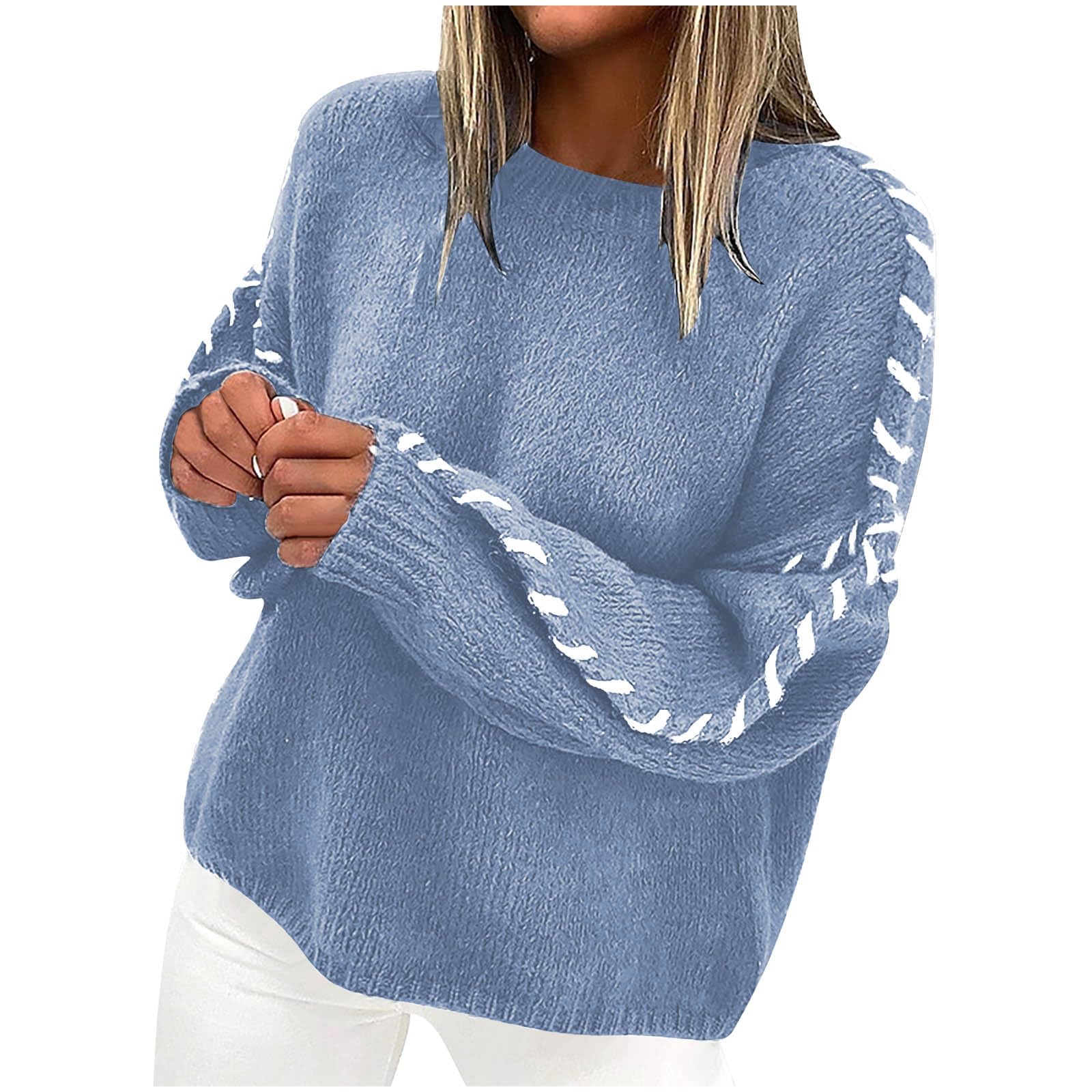 Womens Fall Sweaters Tops Crewneck Knit Sweater Long Sleeve Casual Soft Pullover Shirt Fall Winter Clothes Outfits