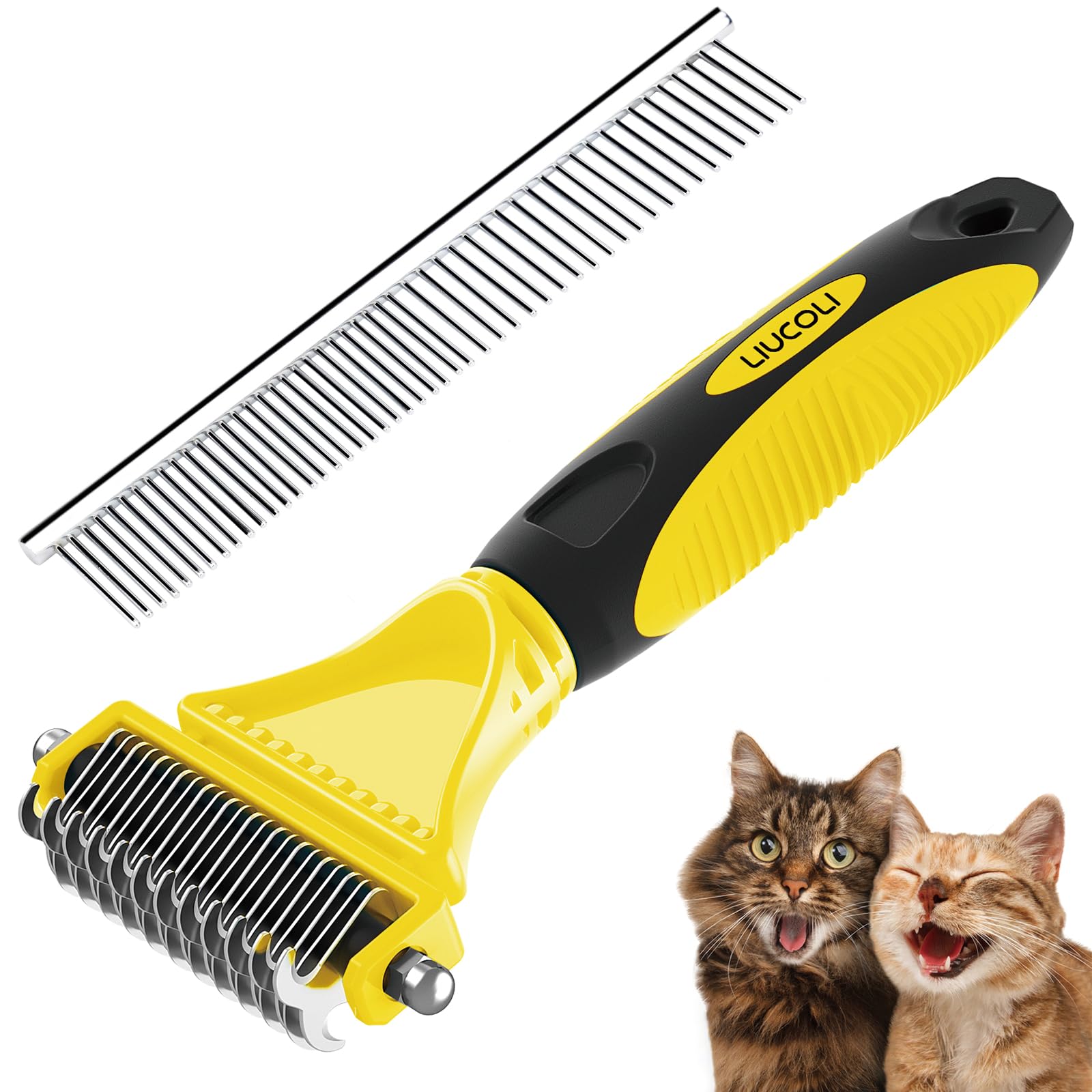 Spazzola per Cani e Pettine per Gatti Doppio Lato - Set 10 Pezzi Giallo - Rimuove il 96% dei Nodi - Impugnatura Antiscivolo - Per Tutti i Tipi di Pelo