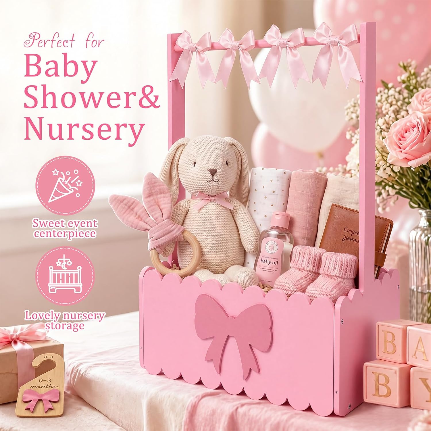Pink Bow Wooden Baby Shower Crate Closet Charming Storage Basket with 5 Hangers 5 Bow Dividers 4 DIY Bows Easy Assembly Storage Crate Hamper Gifts for Baby Shower Pregnancy