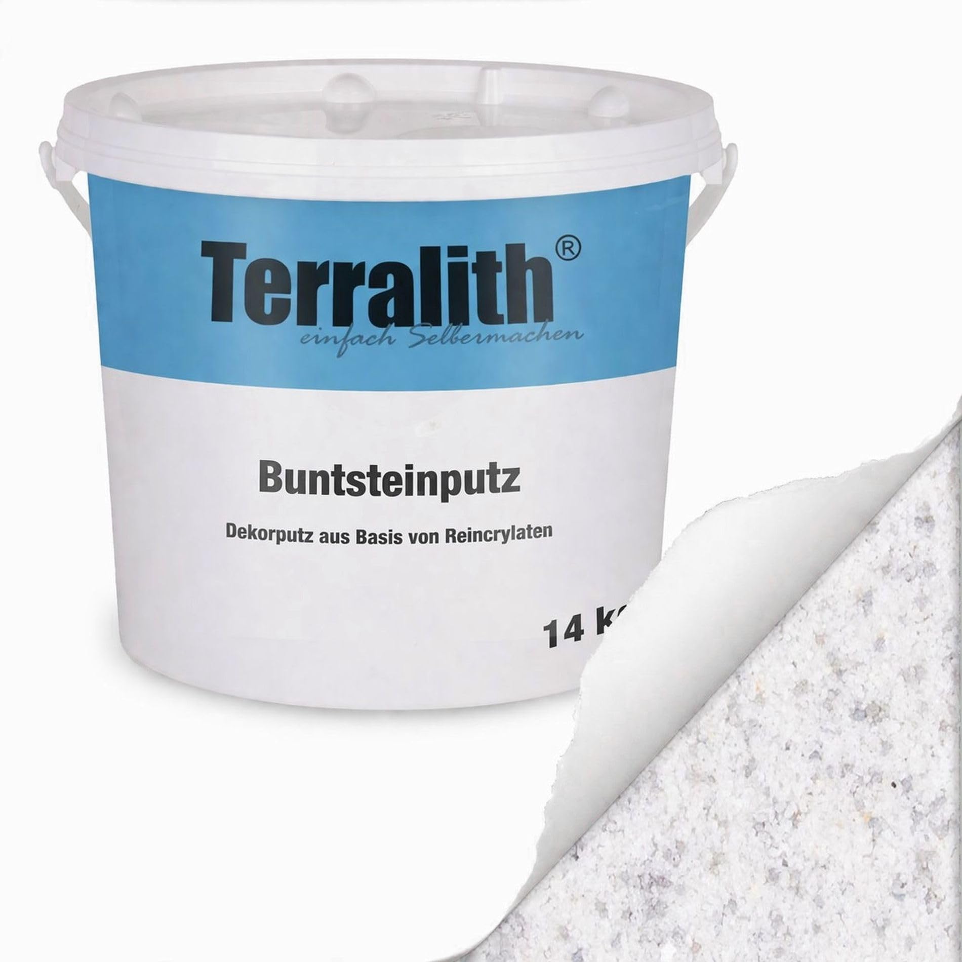 Terralith Buntsteinputz 14kg in weiß, Sockelputz für Innen und Außen mit Reinacrylat Bindemittel aus Naturstein, 1-2mm Körnung (BSP1097)