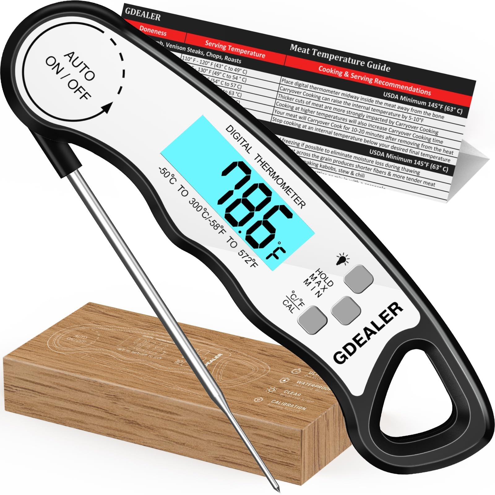 GDEALER Meat Thermometer Digital Instant Read Food Thermometer Waterproof Ultra-Fast for Grill Cooking Kitchen with Backlight & Calibration