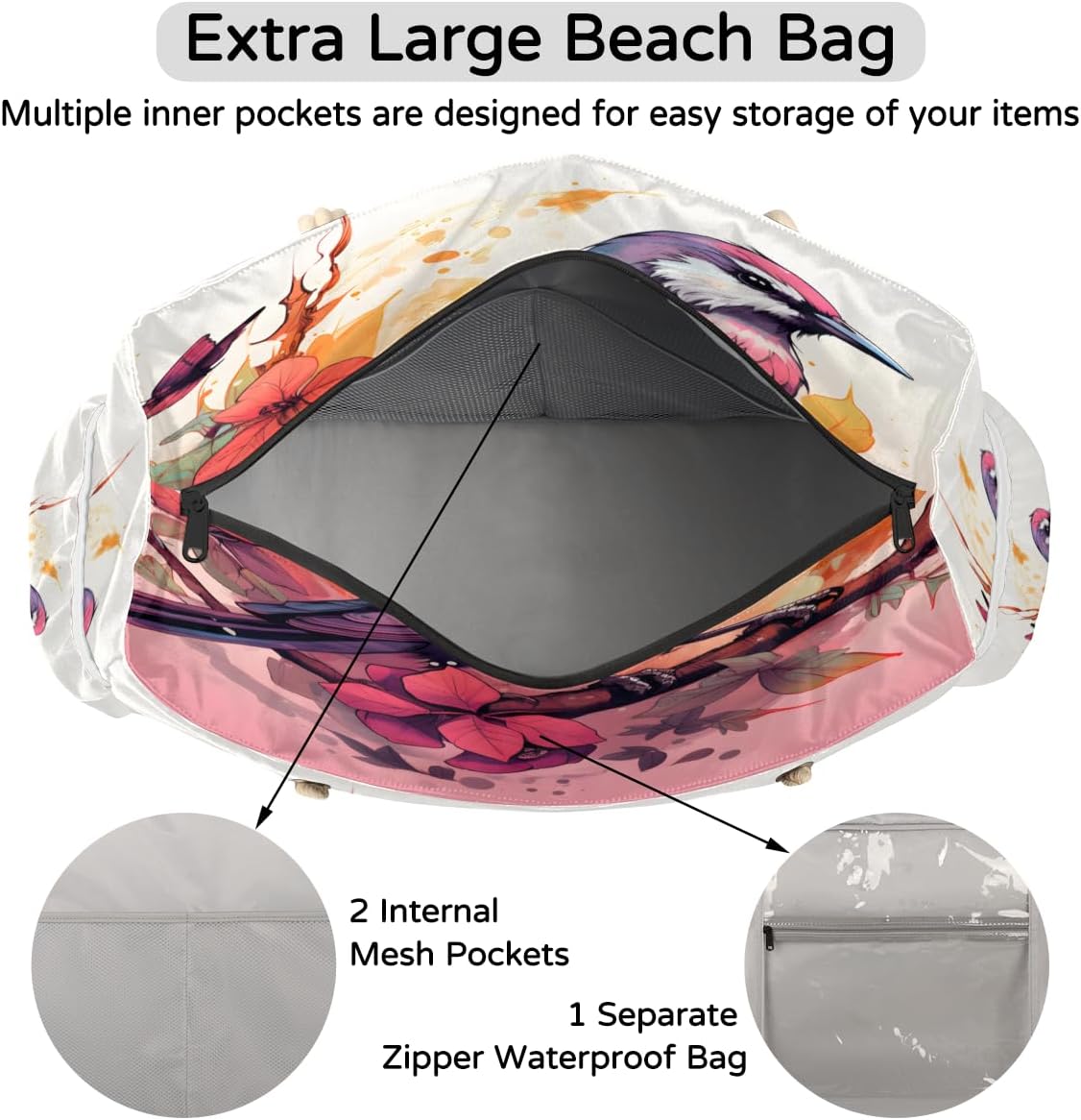 Watercolour Bird Branch Flower Beach Bag for Women Waterproof Sandproof Tote with Zipper Cotton Rope Handles for Travel Pool Gym Shopping