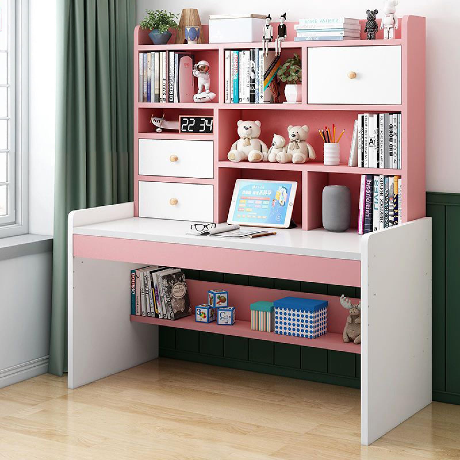 Scrivania per computer con 2 cassetti portaoggetti e libreria, scrivania da studio ad altezza regolabile Scrivania compatta per adolescenti e postazioni di lavoro per ragazze e ragazzi (120 cm, ros