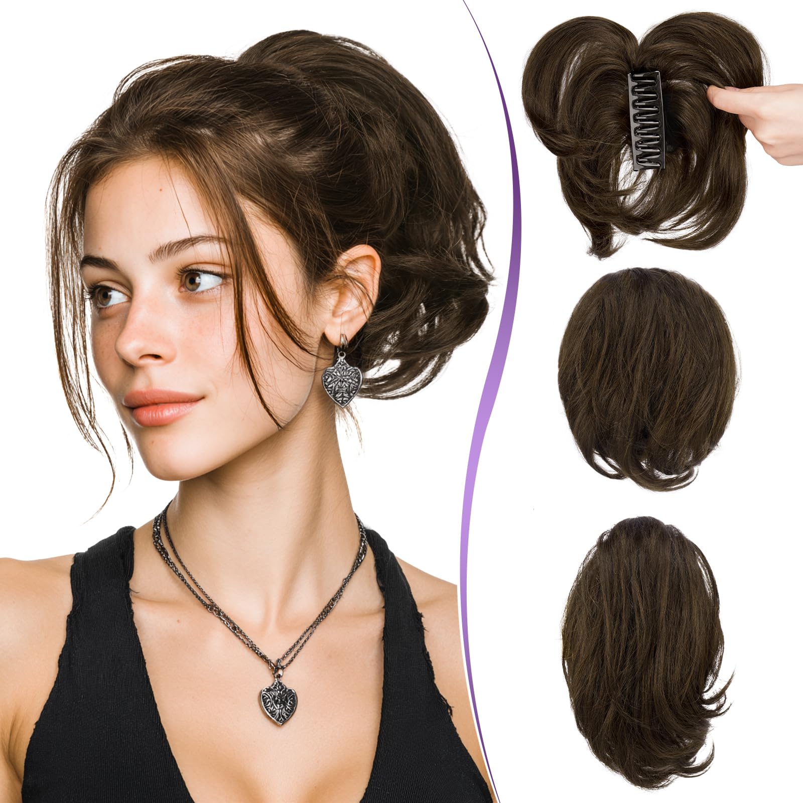RUWISS Ponytail Cheveux Naturel avec Pince Humains pour Femmes, 22cm Courts Droite Postiche Chignon avec Métaux Malléables Extension Queue de Cheval Cheveux Brun Foncé