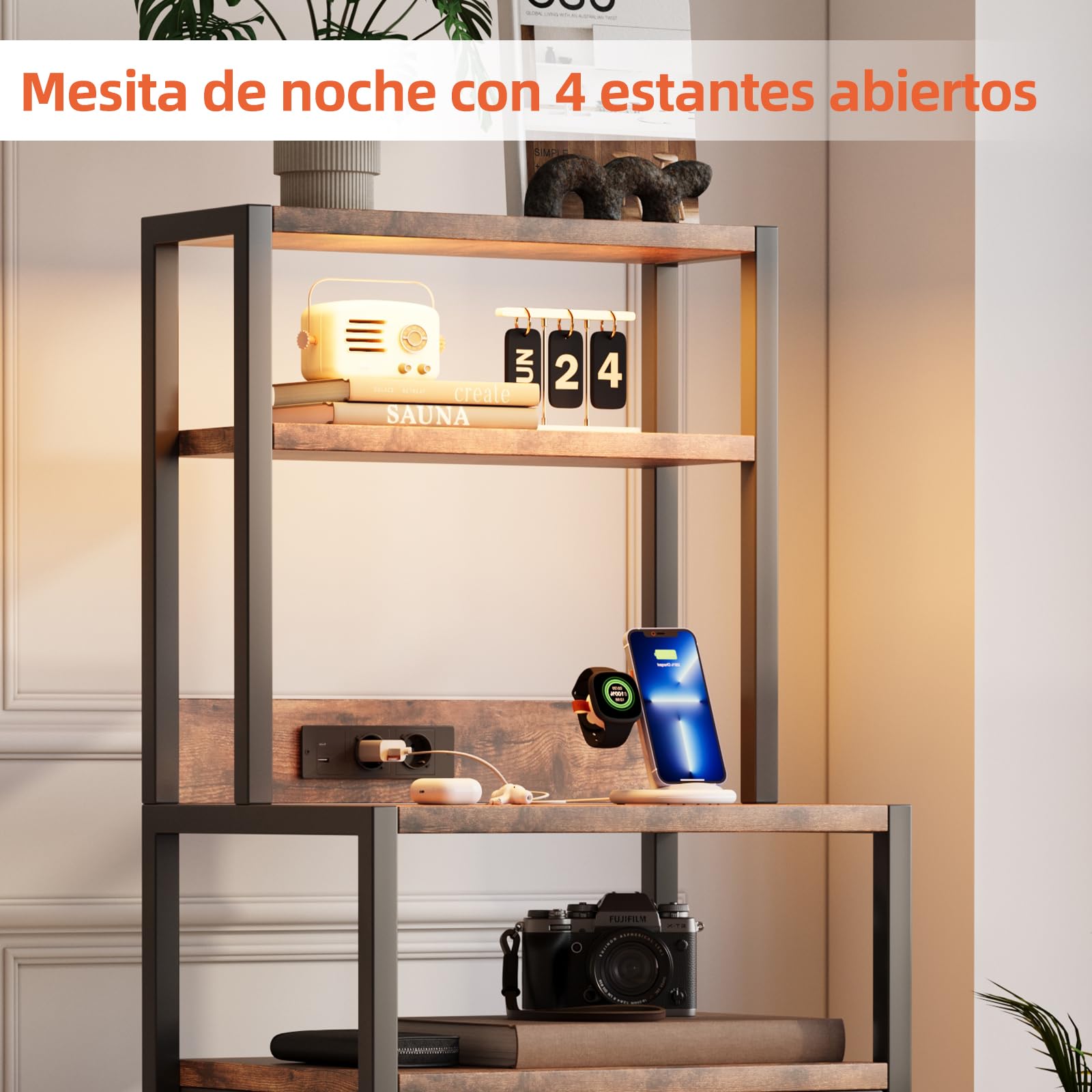 Caiyun Mesita de noche con LED y función de carga, mesa auxiliar con 4 niveles de almacenamiento, mesa de sofá con 3 cajones de tela, mesitas de noche con estante para libros, mesa auxiliar