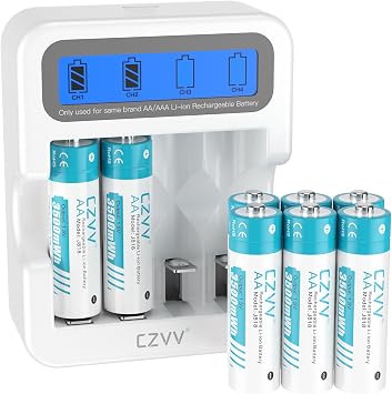 Lithium Rechargeable AA 1.5V Camera Batteries with 2.5 LCD Fast White Charger Combo, 8 Pack Large Capacity 3500mWh Dual A Long-Lasting 3.0A Output for Home & Industrial Devices, Cycles 1300x