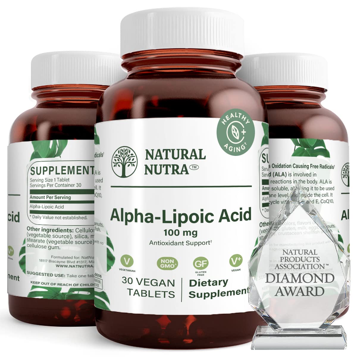 Natural NutraR-Alpha Lipoic Acid (Alfa-Lipoic) with R-Fraction ALA, Fight Free Radical and Maintain Healthy Blood Sugar Level, Antioxidant Support Supplement, 100 mg, 30 Vegan and Vegetarian Tablets