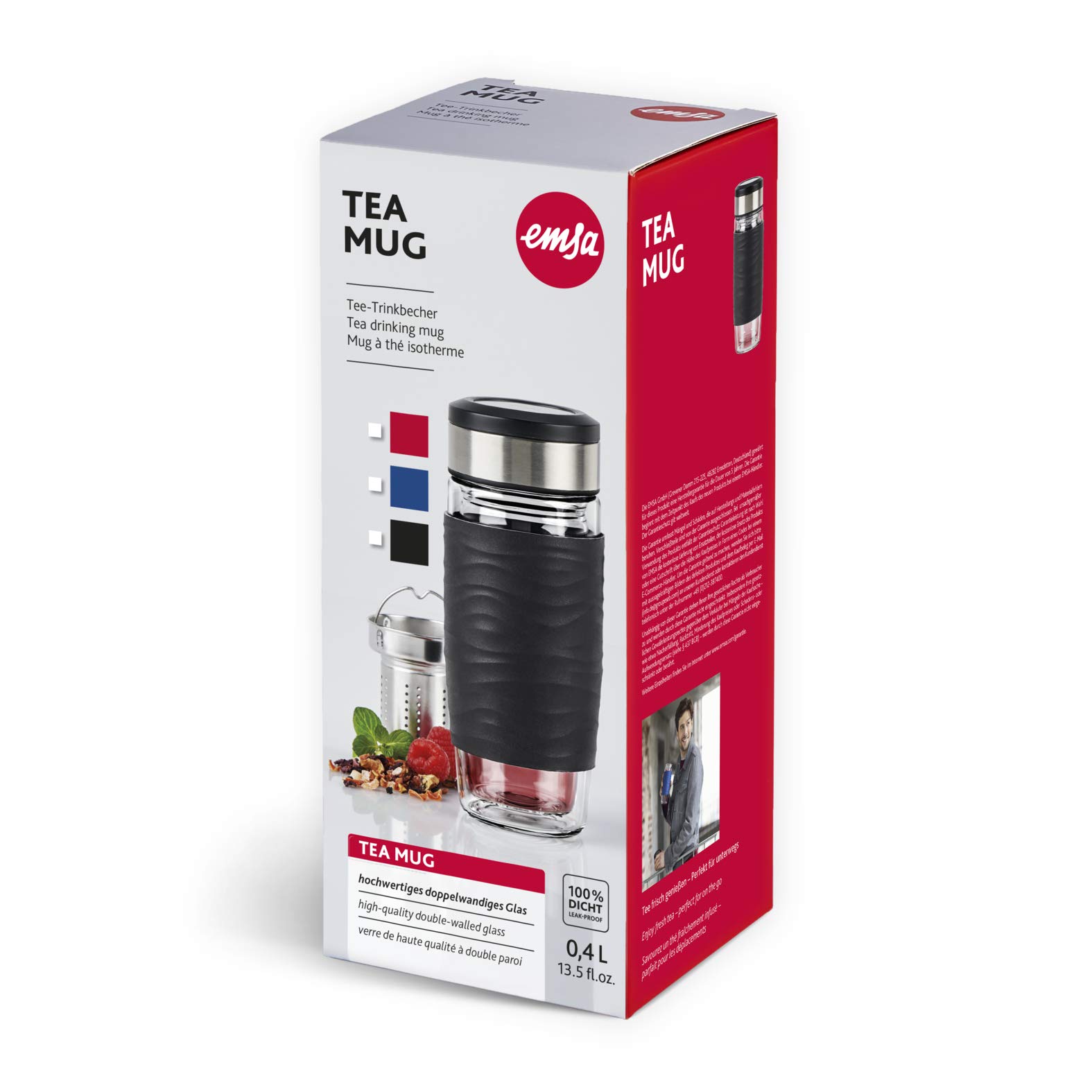 Emsa N20805 Tea Mug - Taza de té de cristal de doble pared | no aislante | mantiene 1 hora de agua | 0,4 litros | colador extraíble | sin BPA | 100% hermético | antigoteo | color azul