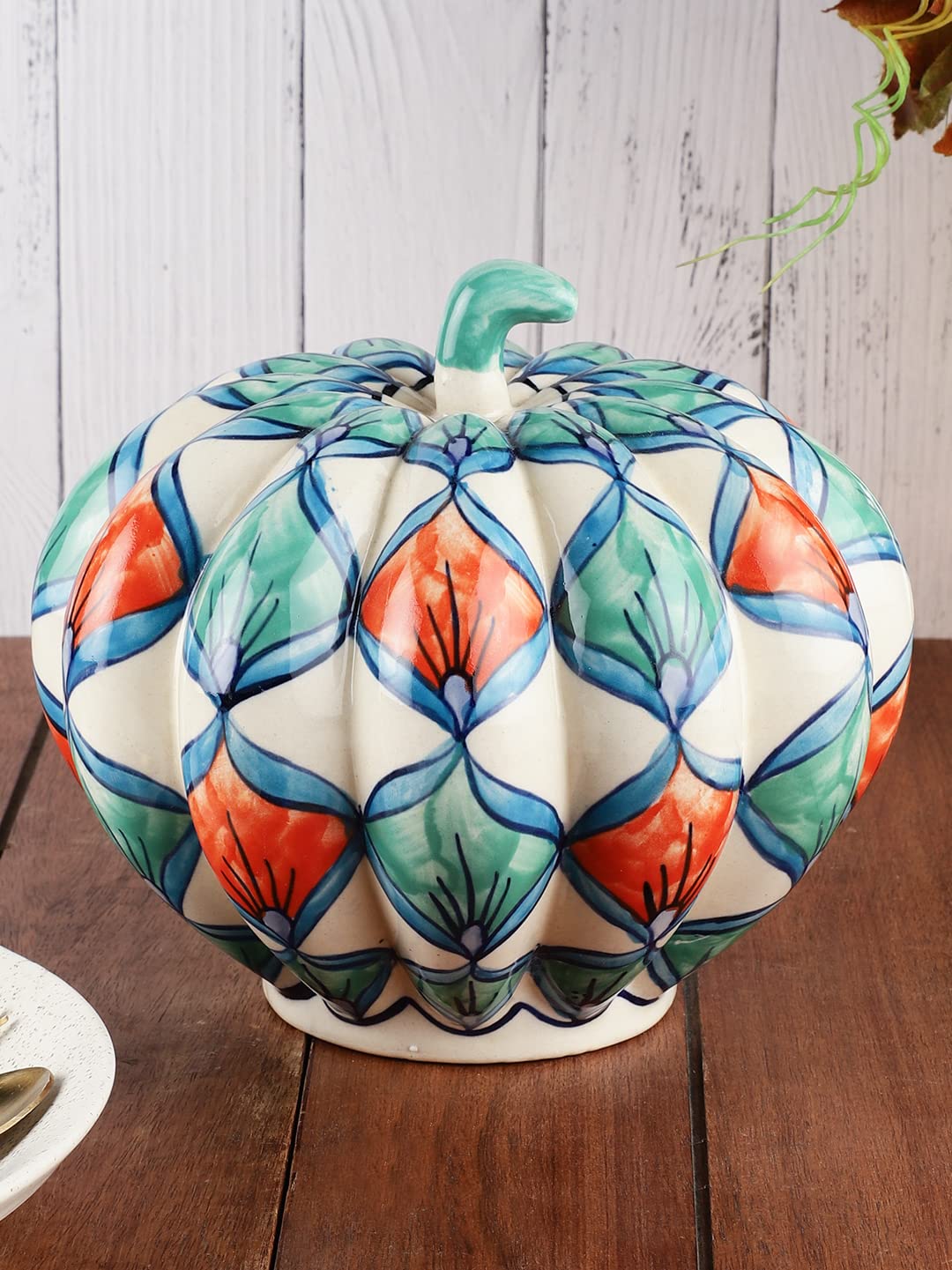 MIAH Decor Unisex White Green Pumpkin Candle Holder