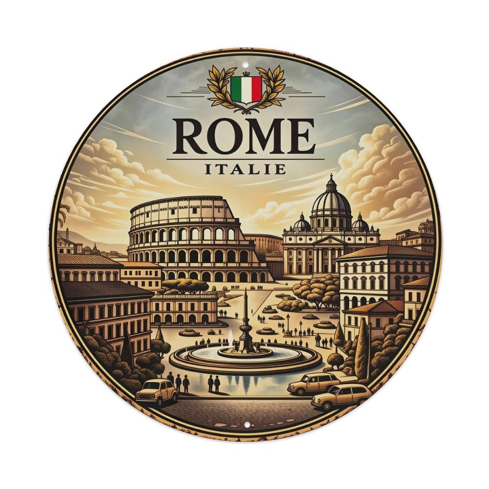 Rome Colosseum Fountain Buildings Sky Metal Tin Sign