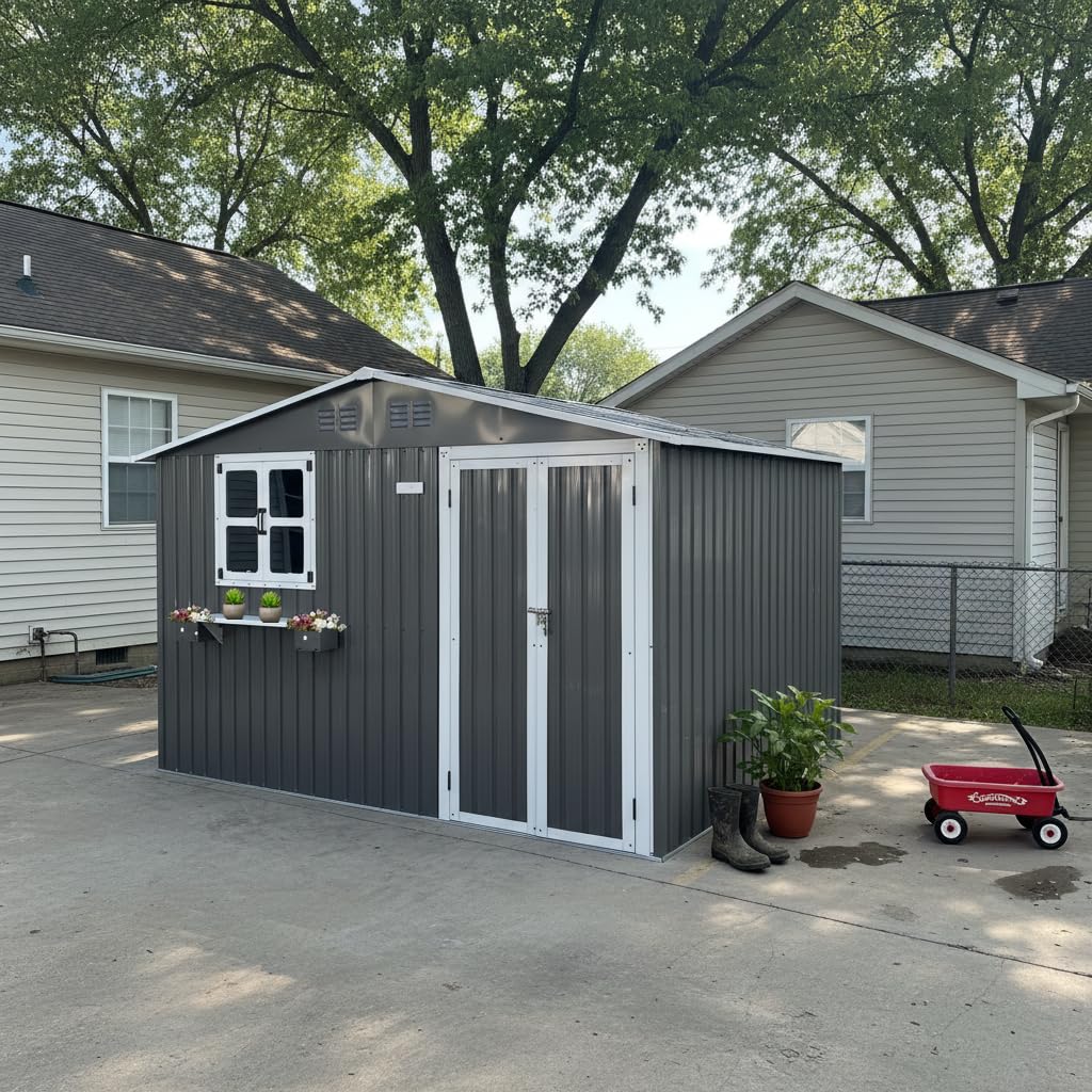 Caseta de jardín de 7,19 m² de acero galvanizado, con 2 ventanas abiertas, puertas con cerradura y estante para flores, resistente al agua para jardín, terraza, patio trasero, color gris