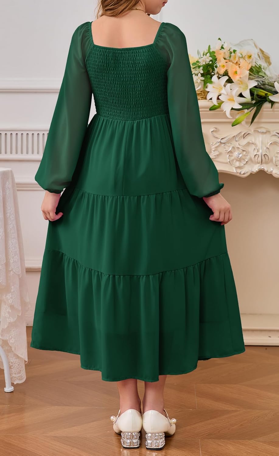 YOVION Girls Fall Long Sleeve Maxi Dress Chiffon A-Line Smocked Tiered Flowy Formal Wedding Guest Dresses for 6-12 Y - Image 4