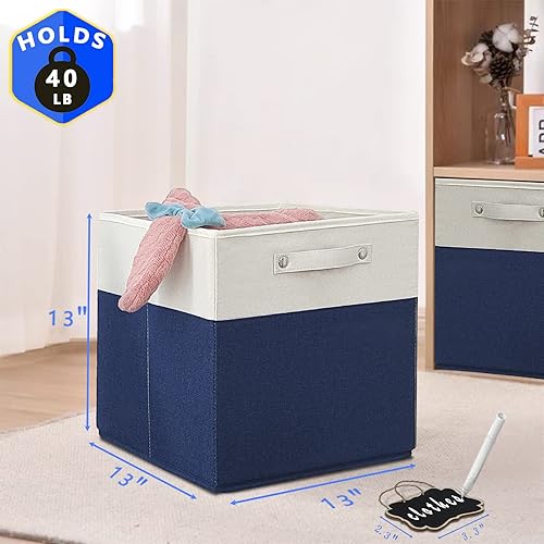 Miniatura 5 de Contenedores de almacenamiento grandes de lino plegables de 13 x 13 x 13 pulgadas, paquete de 4 unidades, con asas de algodón, para estantes de